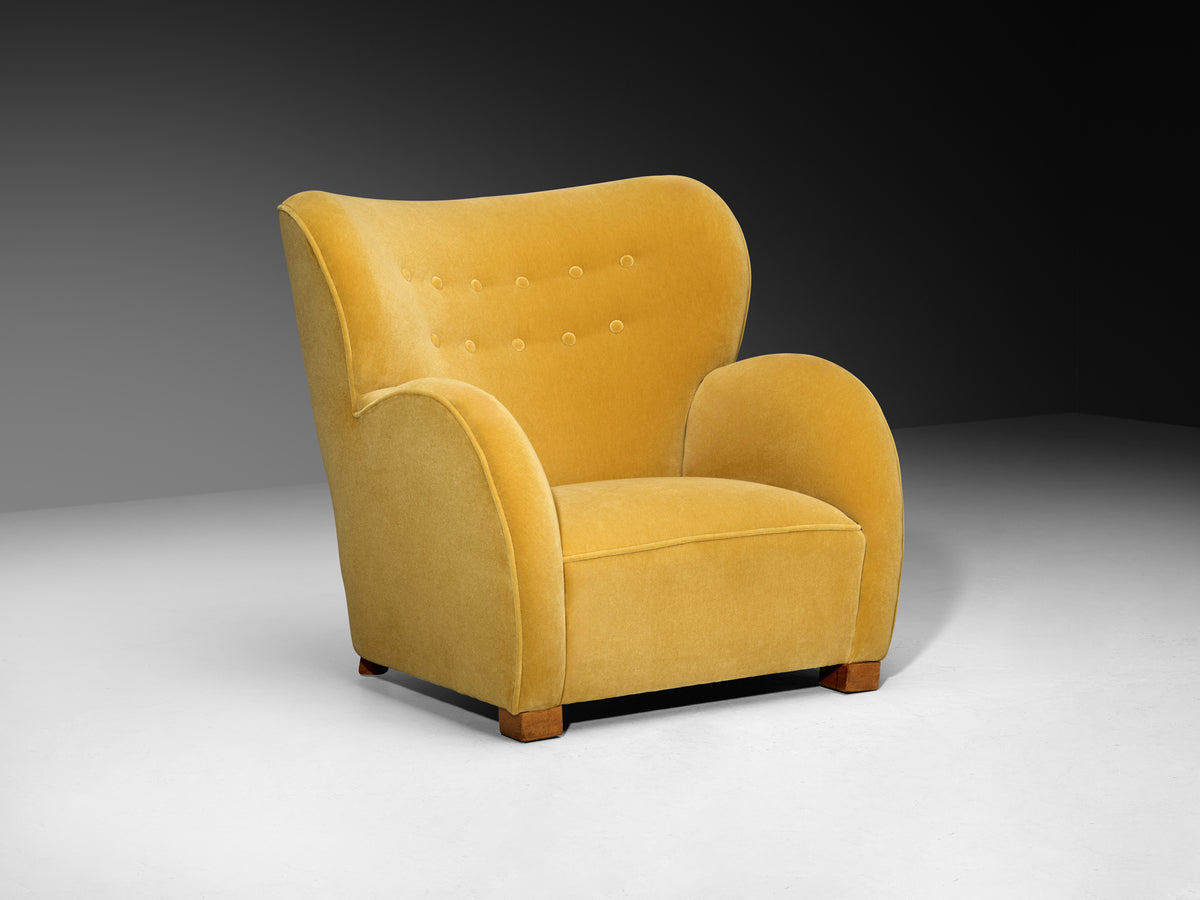 1930s Extremely Grand Danish Lounge Chair Reupholstered in Yellow Mohair Seating Morentz