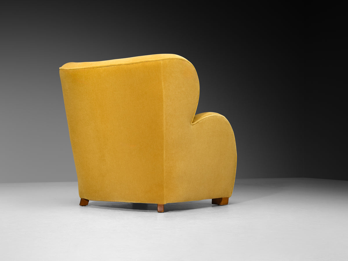 1930s Extremely Grand Danish Lounge Chair Reupholstered in Yellow Mohair Seating Morentz