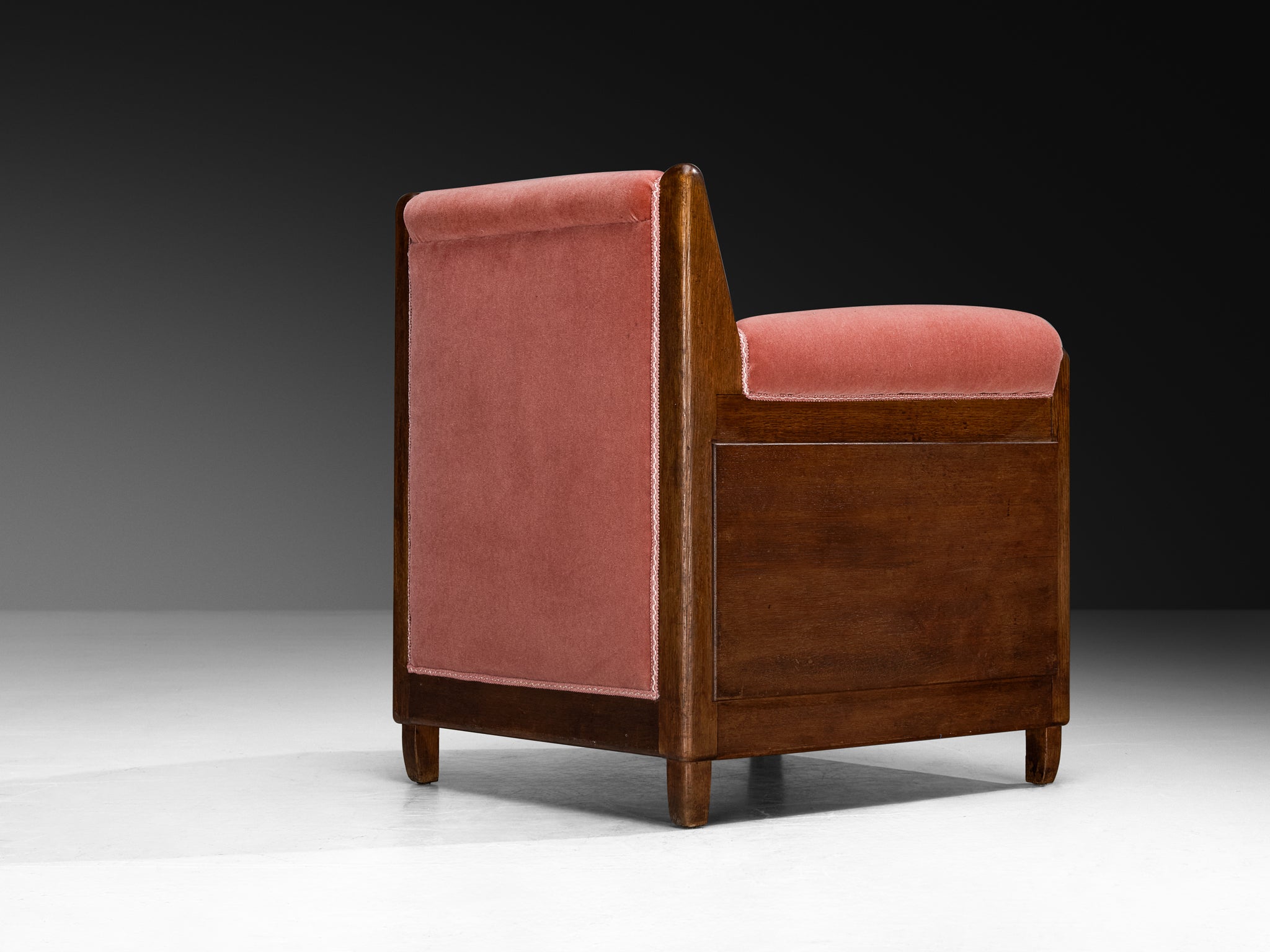 Pair of 1940s Lounge Chairs in Solid Oak and Newly Upholstered Dusty Pink Mohair