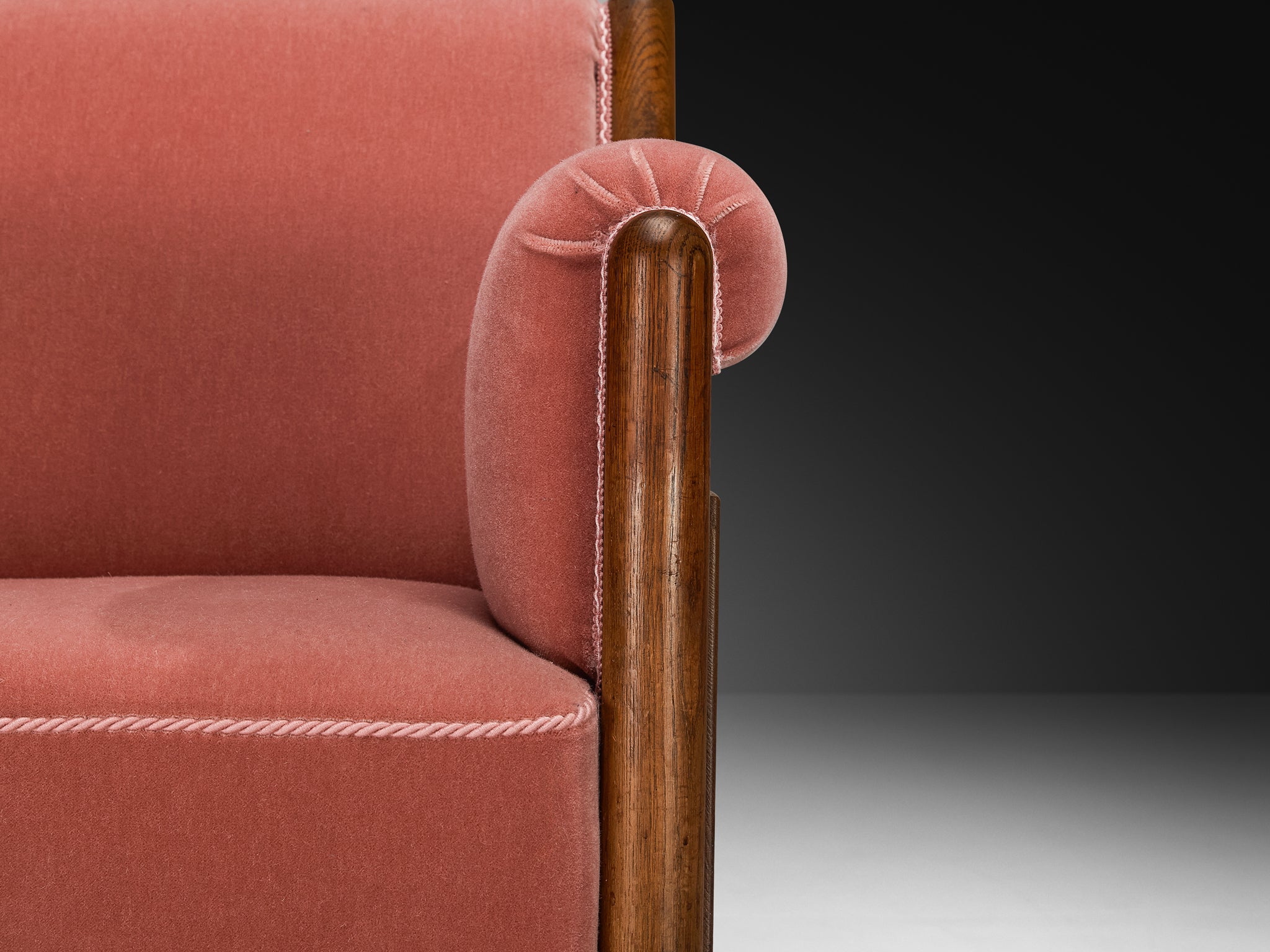 Pair of 1940s Lounge Chairs in Solid Oak and Newly Upholstered Dusty Pink Mohair