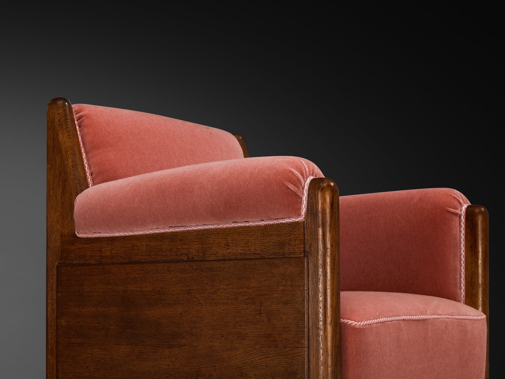 Pair of 1940s Lounge Chairs in Solid Oak and Newly Upholstered Dusty Pink Mohair