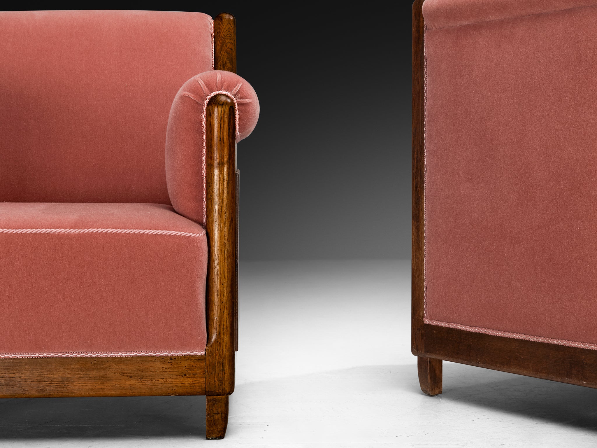 Pair of 1940s Lounge Chairs in Solid Oak and Newly Upholstered Dusty Pink Mohair