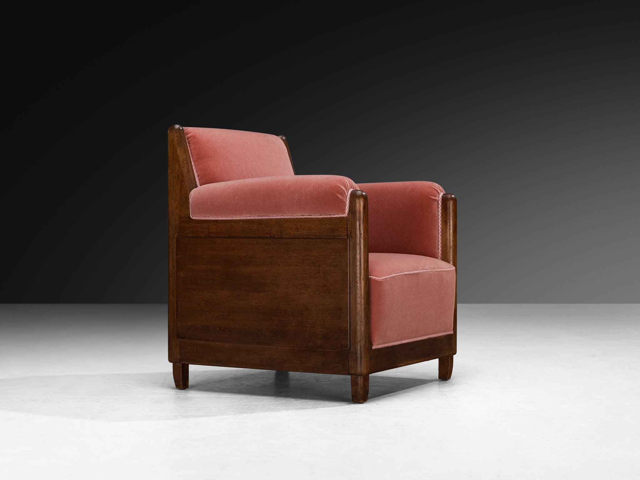 Pair of 1940s Lounge Chairs in Solid Oak and Newly Upholstered Dusty Pink Mohair