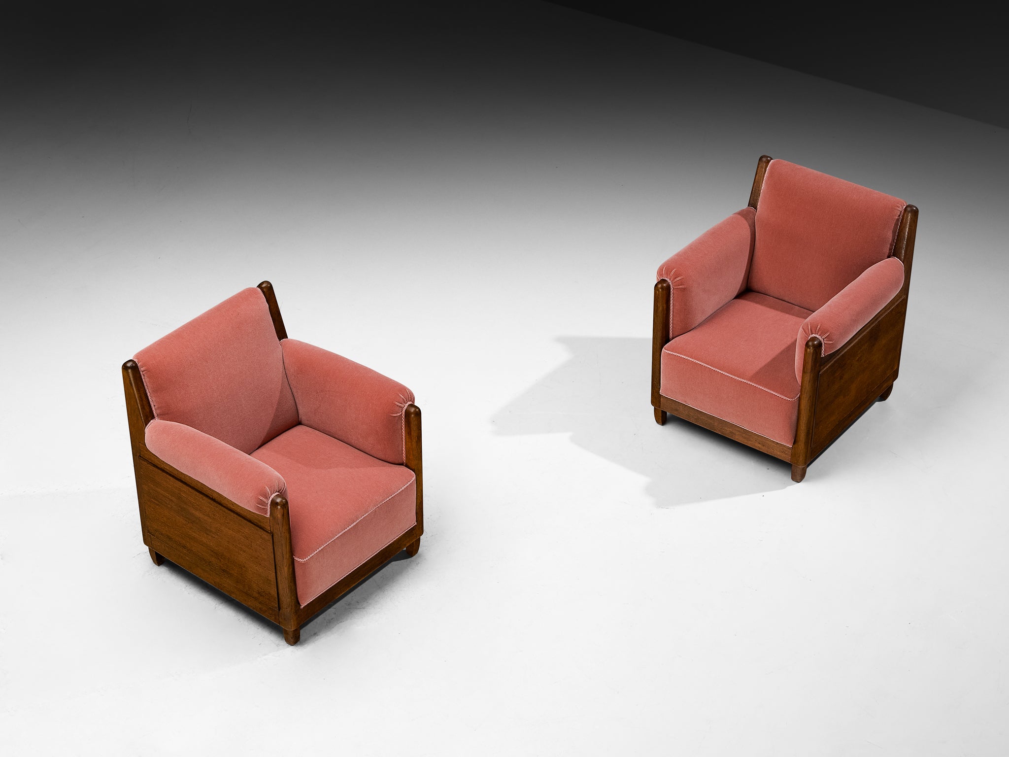 Pair of 1940s Lounge Chairs in Solid Oak and Newly Upholstered Dusty Pink Mohair