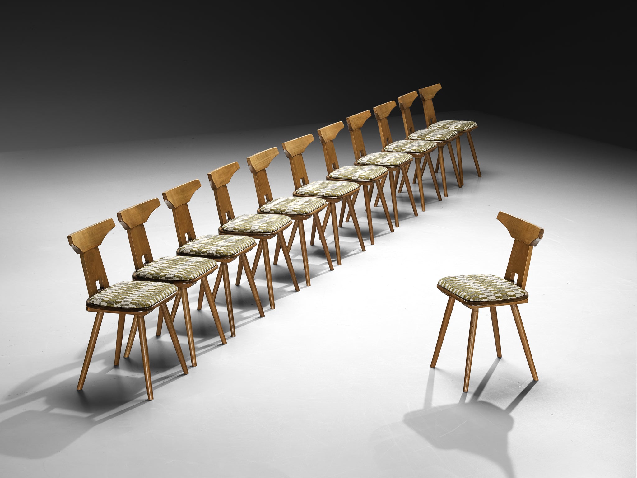 French Rustic Dining Chairs in Solid Wood with Seats in Patterned Multicolor Fabric Seating Morentz