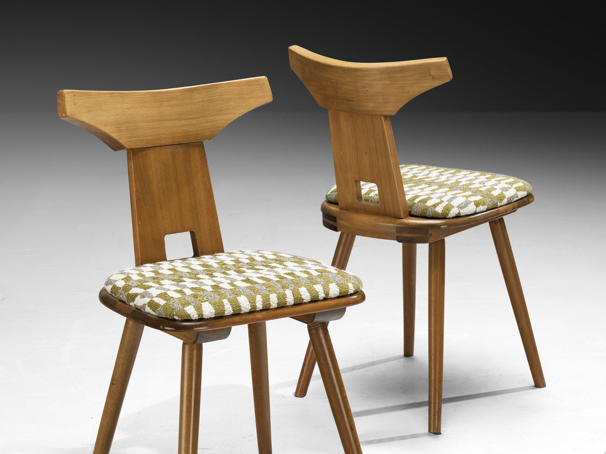 French Rustic Dining Chairs in Solid Wood with Seats in Patterned Multicolor Fabric