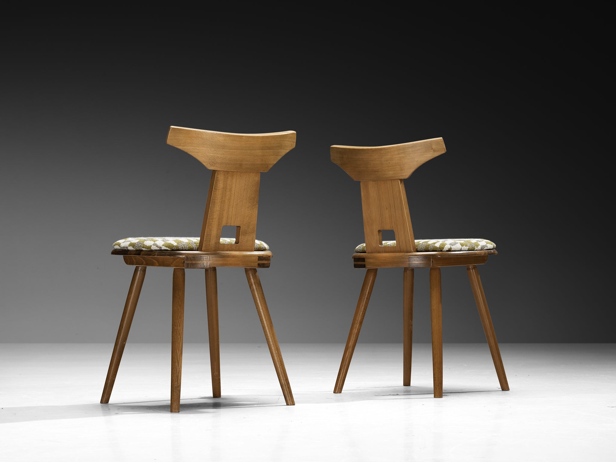 French Rustic Dining Chairs in Solid Wood with Seats in Patterned Multicolor Fabric Seating Morentz