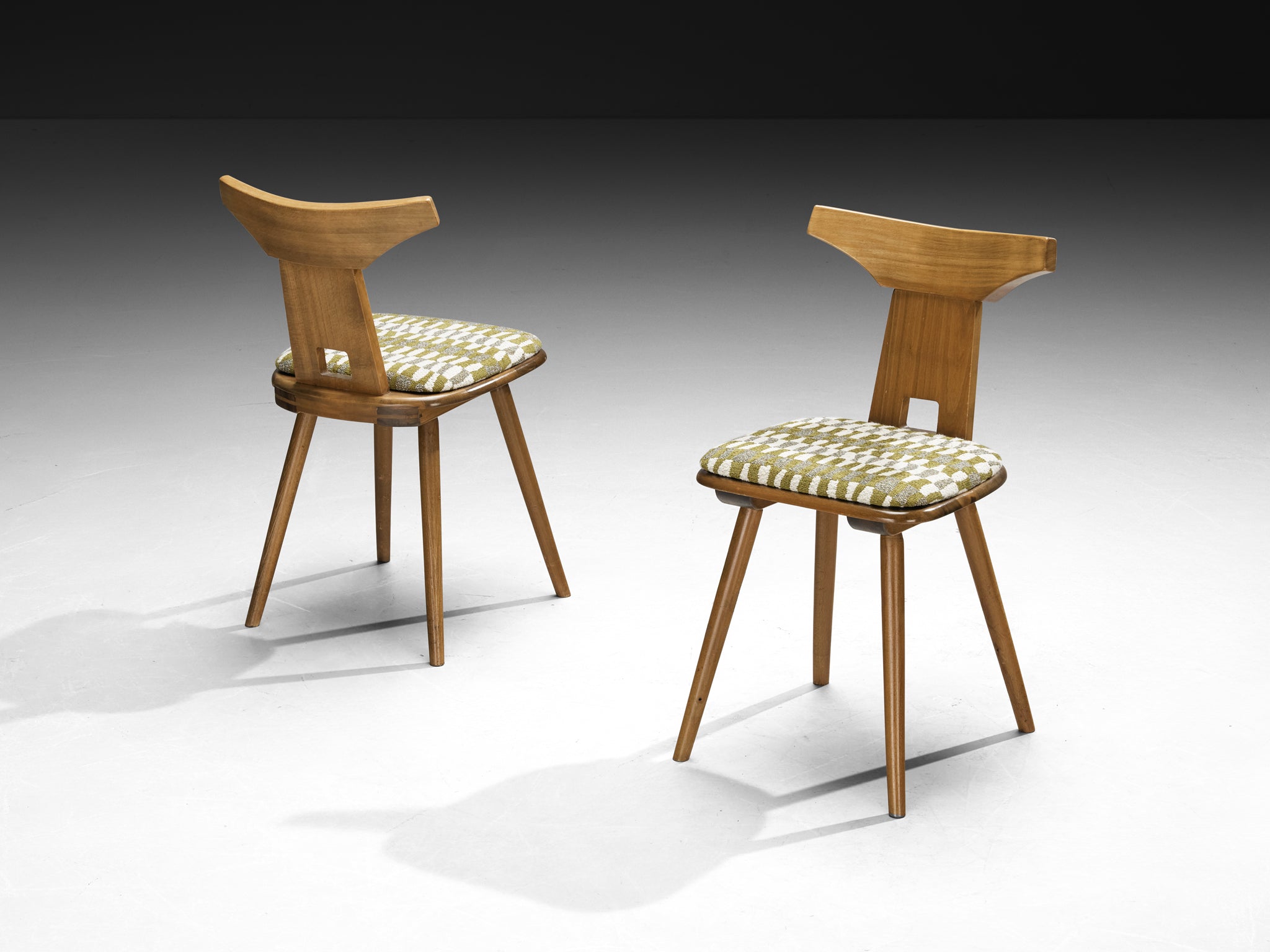 French Rustic Dining Chairs in Solid Wood with Seats in Patterned Multicolor Fabric