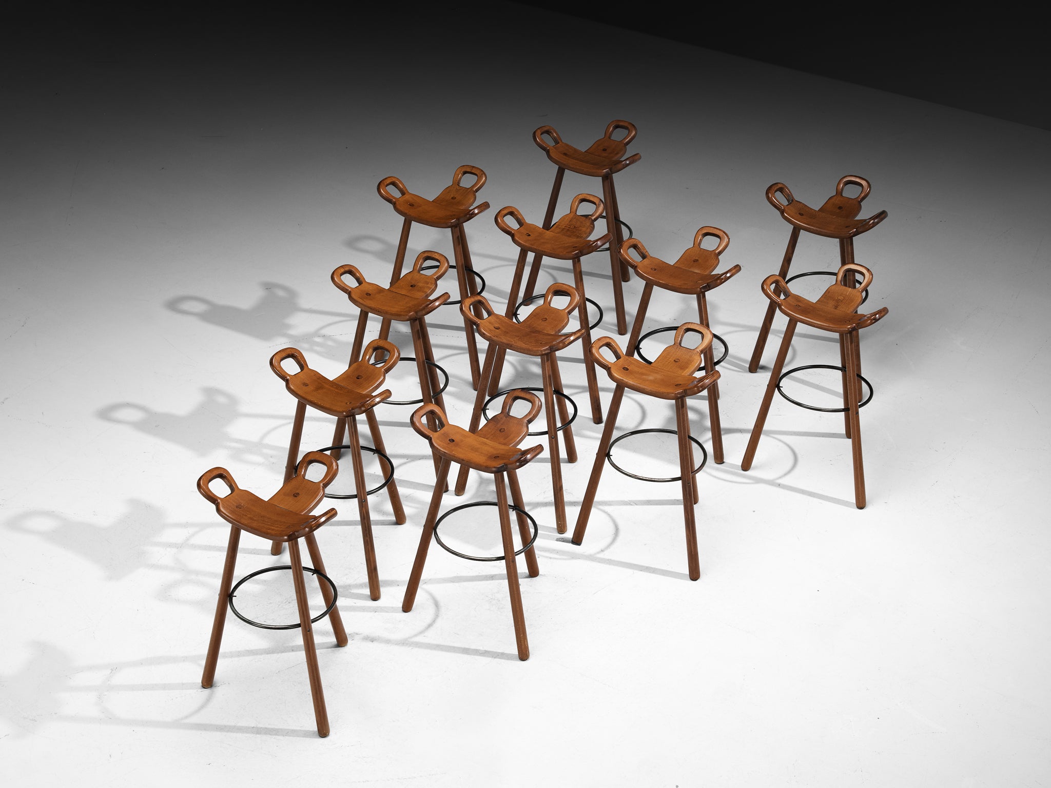 Set of Twelve Brutalist Bar Stools in Dark Wood Seating Morentz