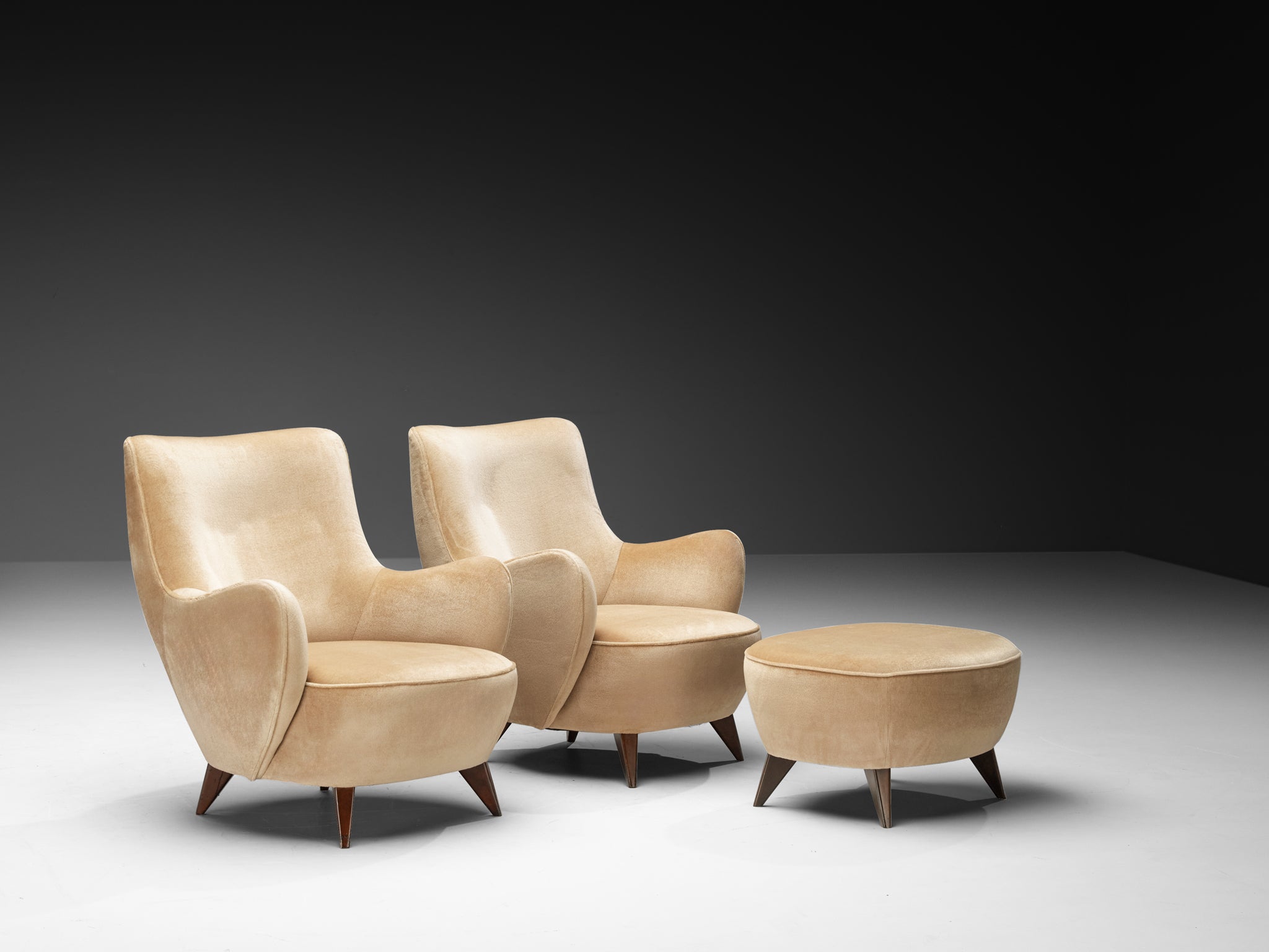 Vladimir Kagan 'Barrel' Lounge Chairs and Ottoman in Light Beige Mohair
