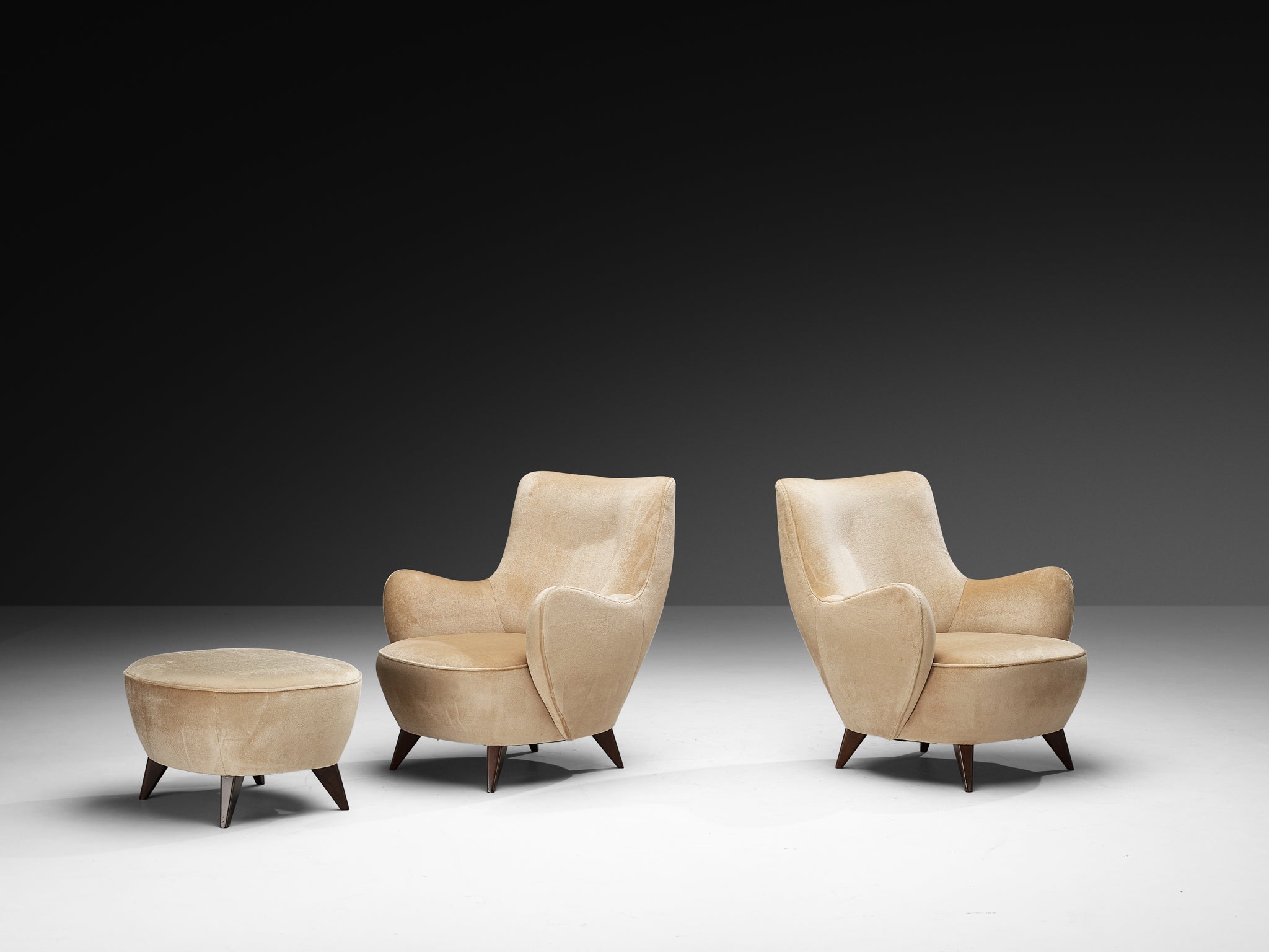 Vladimir Kagan 'Barrel' Lounge Chairs and Ottoman in Light Beige Mohair