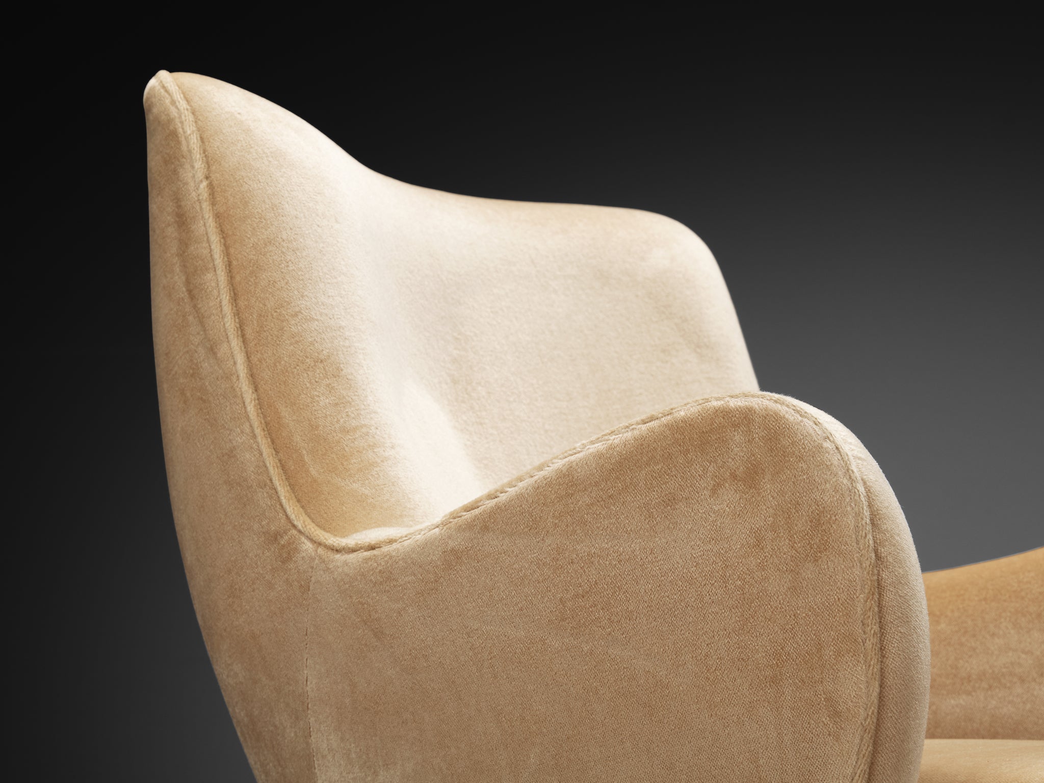 Vladimir Kagan 'Barrel' Lounge Chairs and Ottoman in Light Beige Mohair