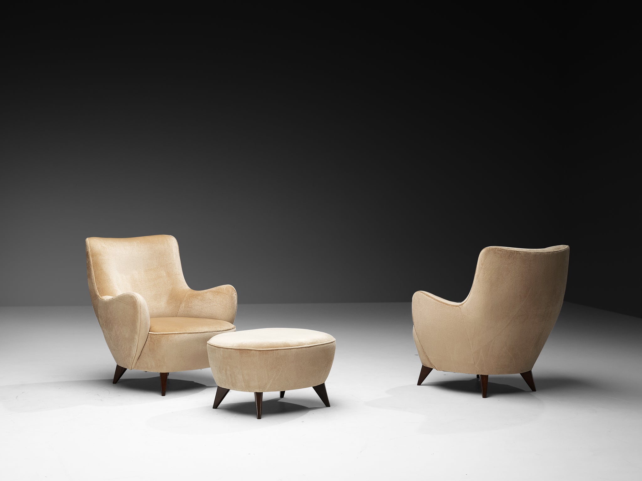 Vladimir Kagan 'Barrel' Lounge Chairs and Ottoman in Light Beige Mohair