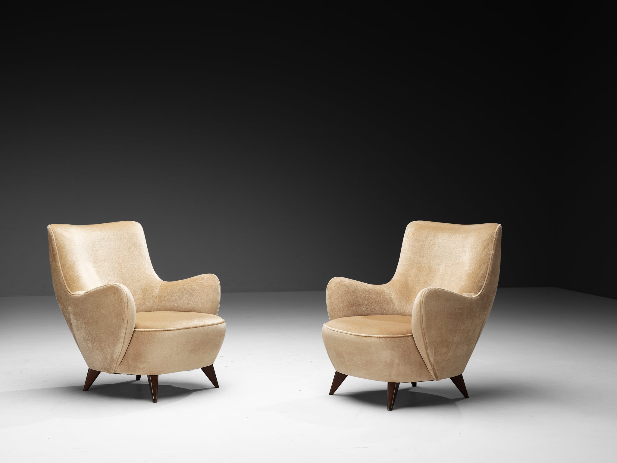 Vladimir Kagan 'Barrel' Lounge Chairs and Ottoman in Light Beige Mohair