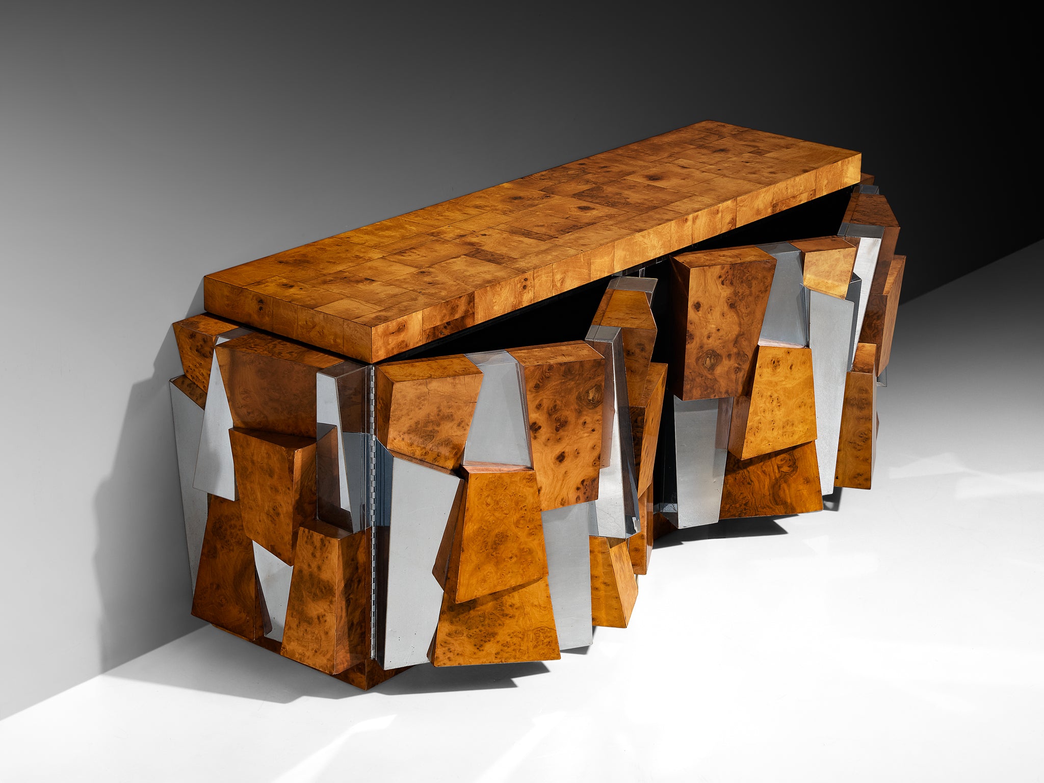 Paul Evans for Directional 'PE 300' Faceted Sideboard in Chrome and Burlwood Case pieces and storage cabinets Morentz