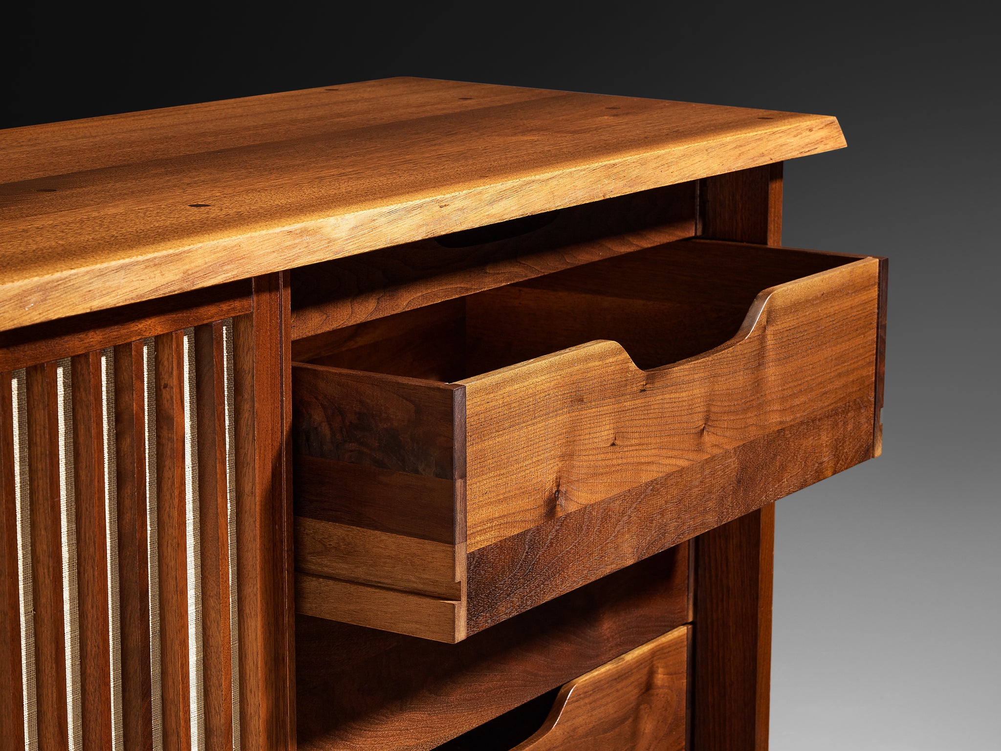 George Nakashima for George Nakashima Studio Triple Sliding Door Cabinet in Walnut Case pieces and storage cabinets Morentz