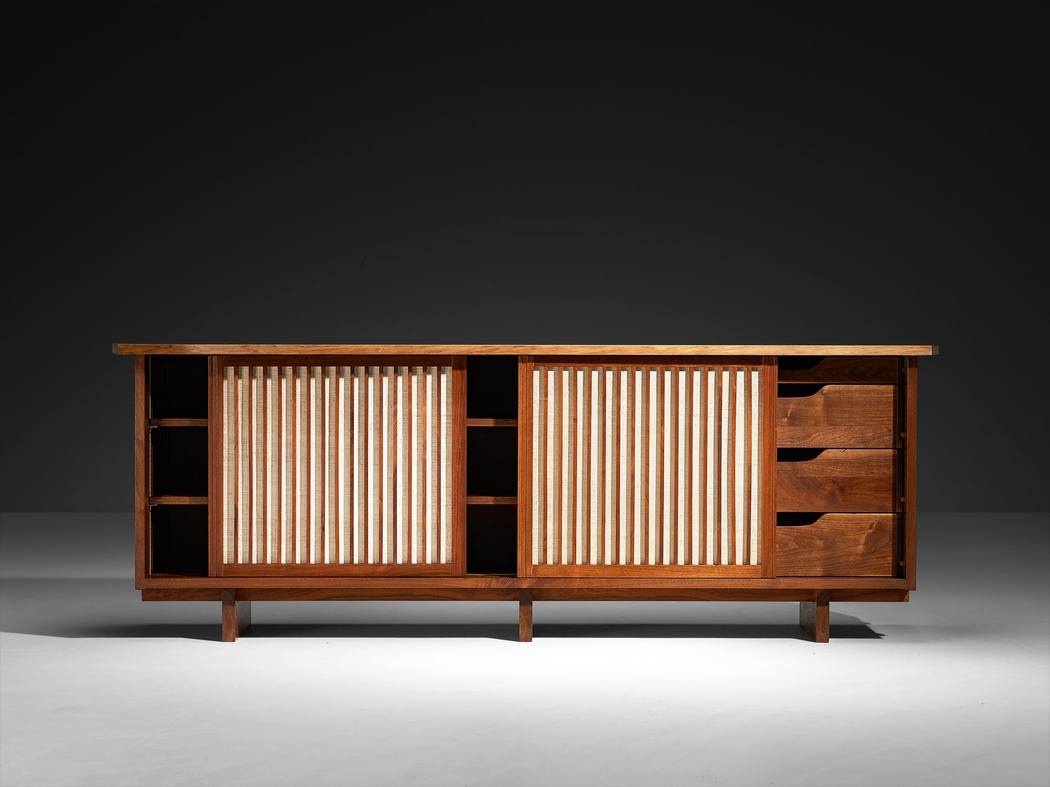 George Nakashima for George Nakashima Studio Triple Sliding Door Cabinet in Walnut Case pieces and storage cabinets Morentz