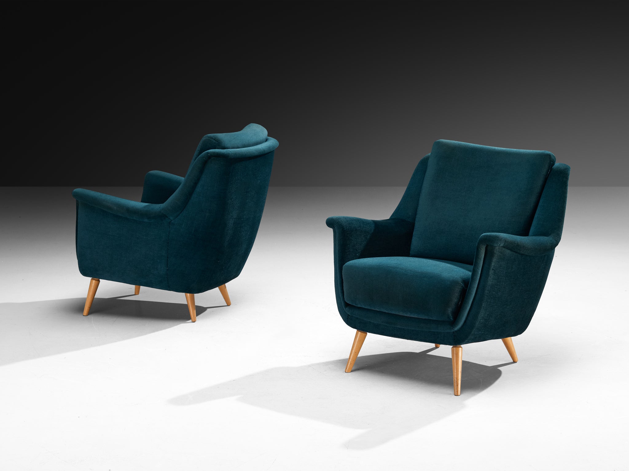 Mid-Century Modern Pair of Sculptural Lounge Chairs in Teal Velvet Seating Morentz