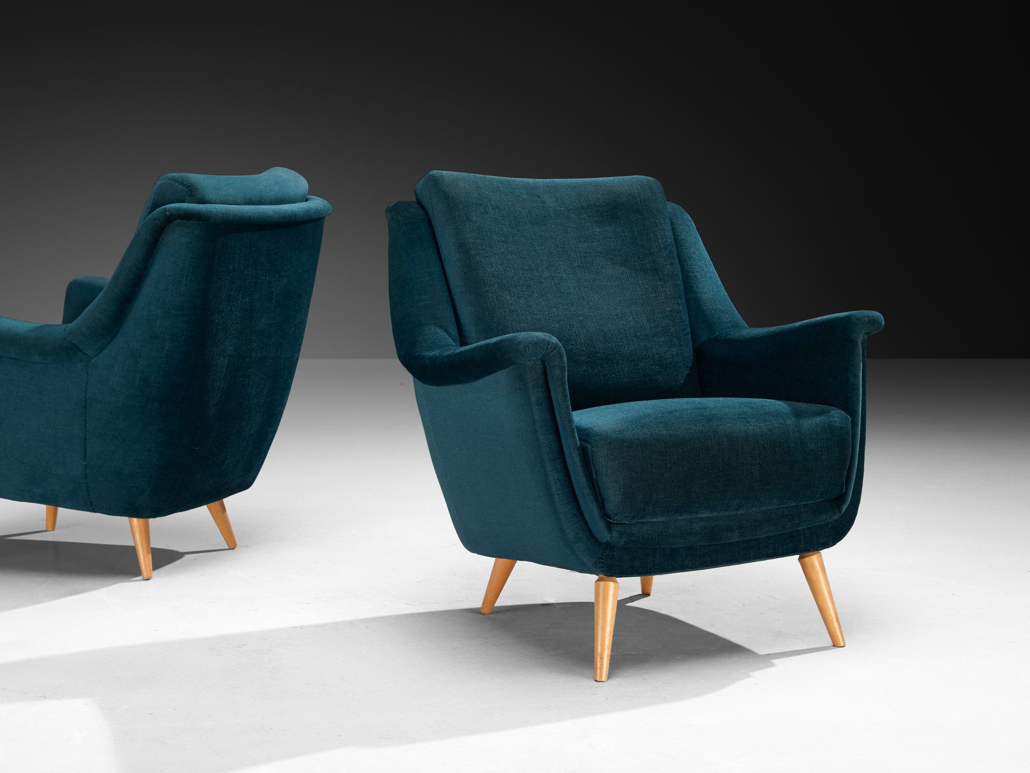 Mid-Century Modern Pair of Sculptural Lounge Chairs in Teal Velvet Seating Morentz