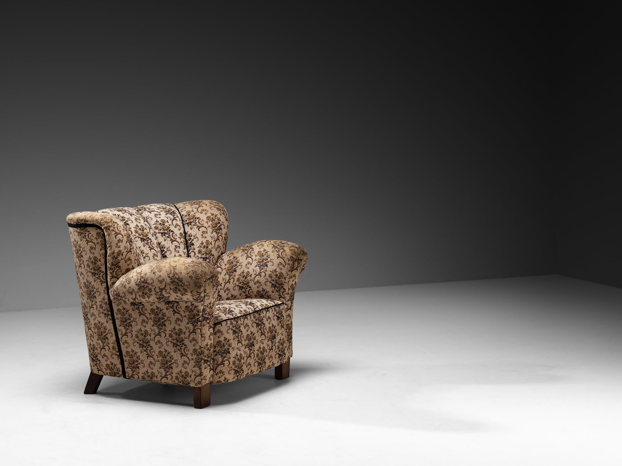 Art Deco Lounge Chair in Floral Fabric and Wood Seating Morentz