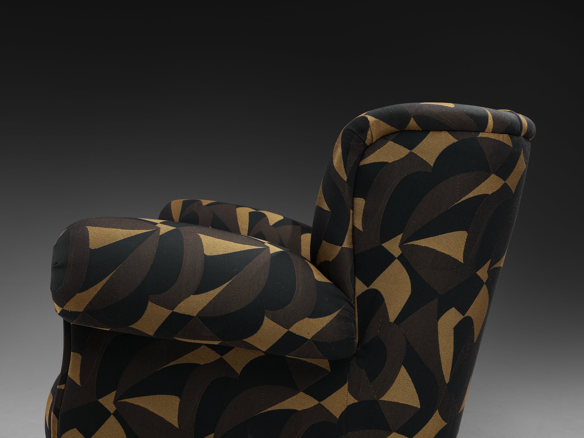 Mid-Century Newly Upholstered Bulky Lounge Chair in Black/Gold Fabric Seating Morentz