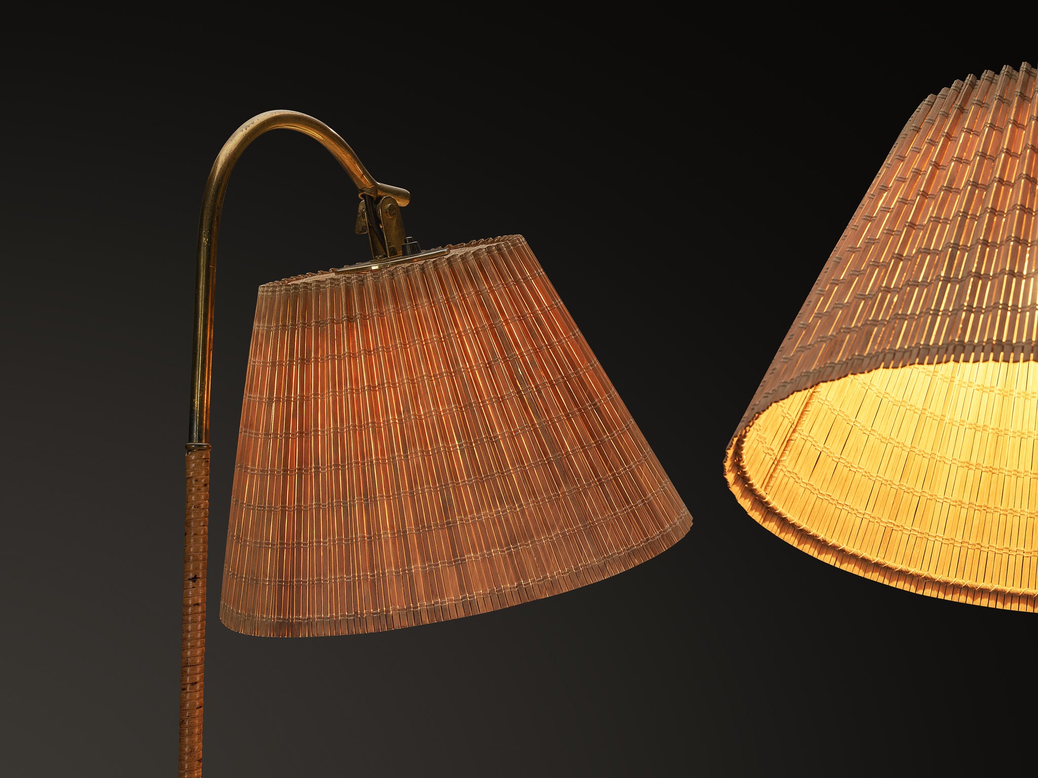 Paavo Tynell for Taito Oy '9609' Pair of Floor Lamps in Cane and Brass Lighting Morentz