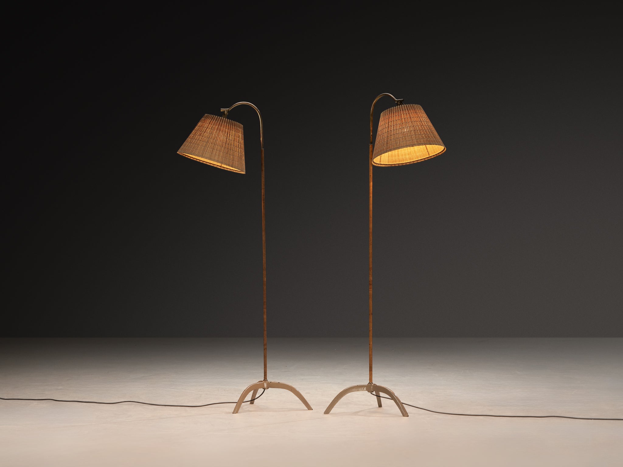 Paavo Tynell for Taito Oy '9609' Pair of Floor Lamps in Cane and Brass Lighting Morentz
