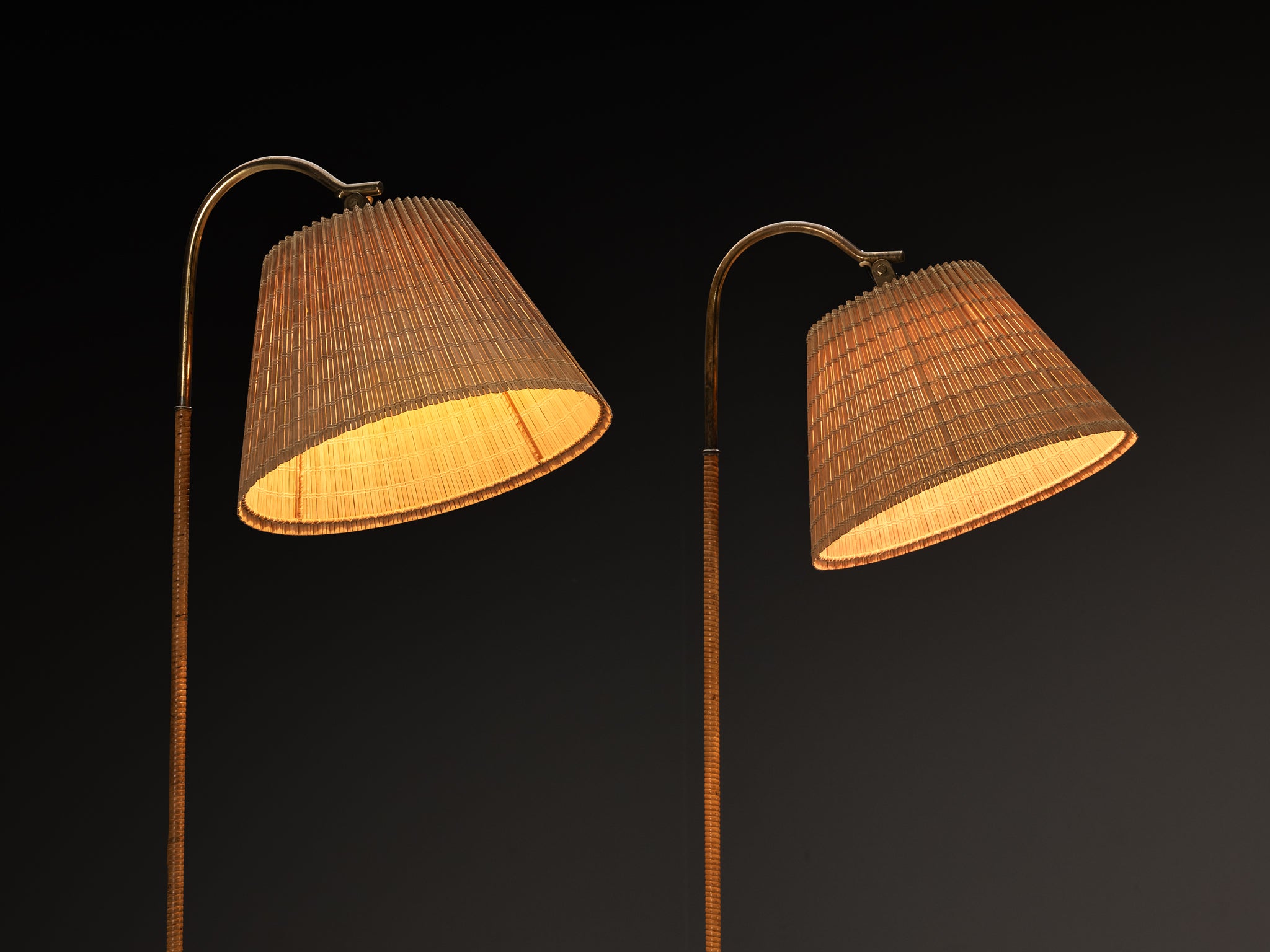 Paavo Tynell for Taito Oy '9609' Pair of Floor Lamps in Cane and Brass Lighting Morentz