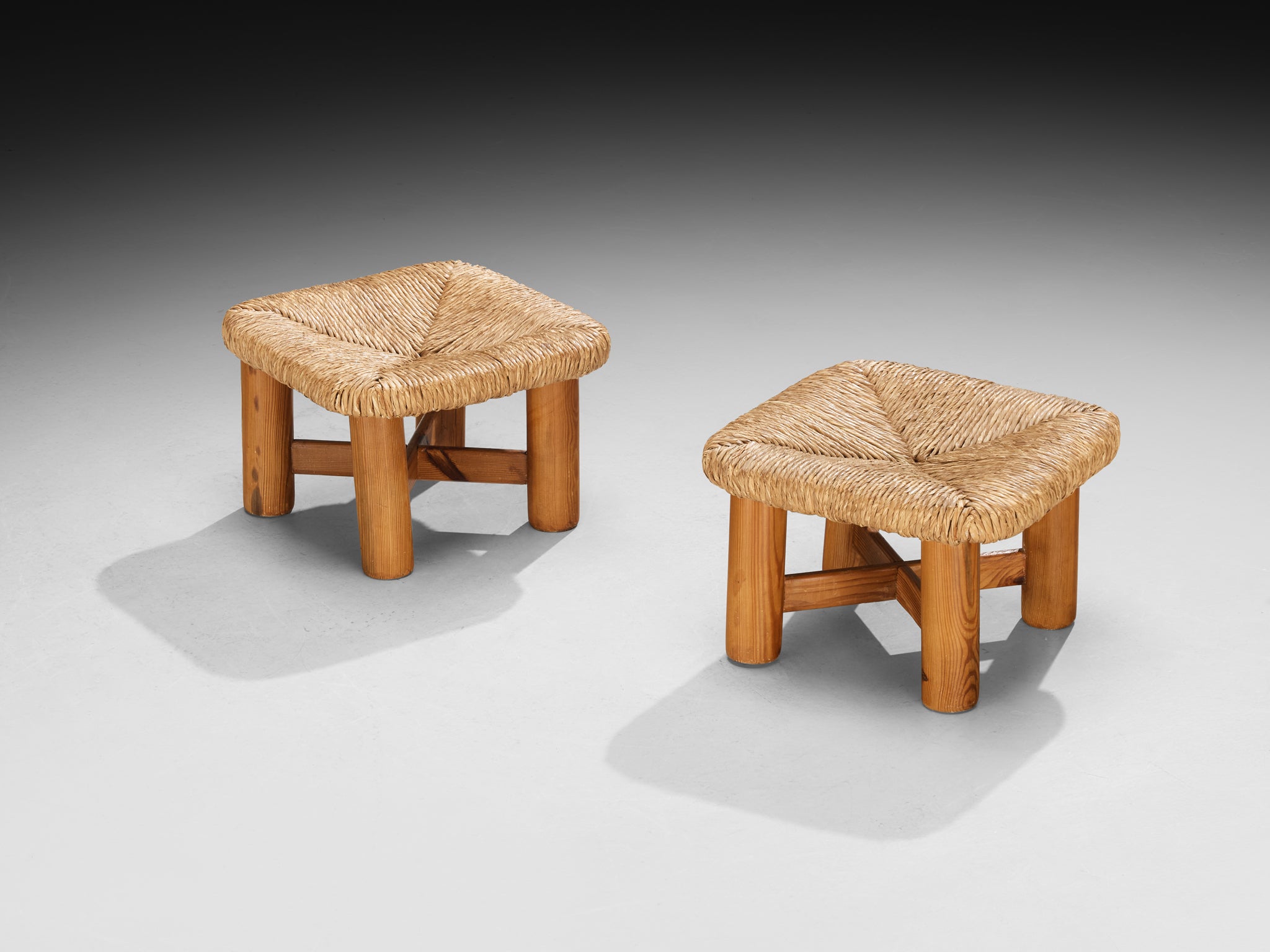 Pair of Rustic Ottomans or Tabourets in Rush and Pine Seating Morentz