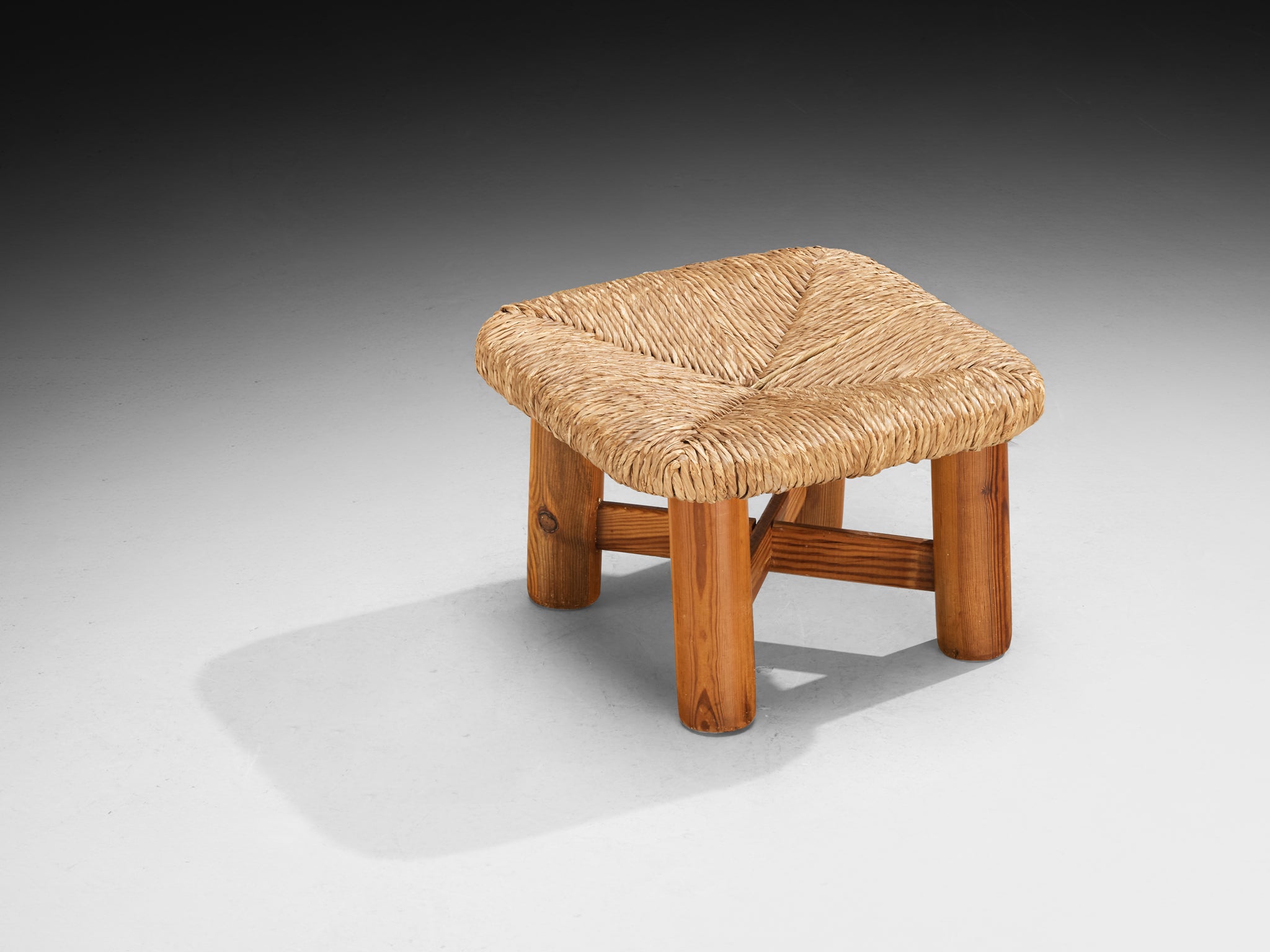 Pair of Rustic Ottomans or Tabourets in Rush and Pine Seating Morentz