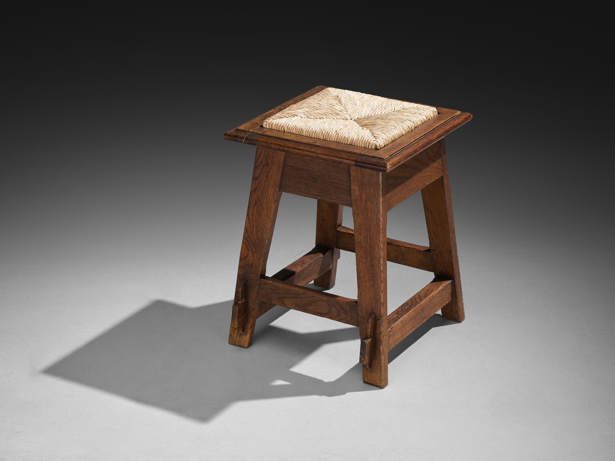 Rustic Pair of Dutch Stools in Oak and Rush Seating Morentz