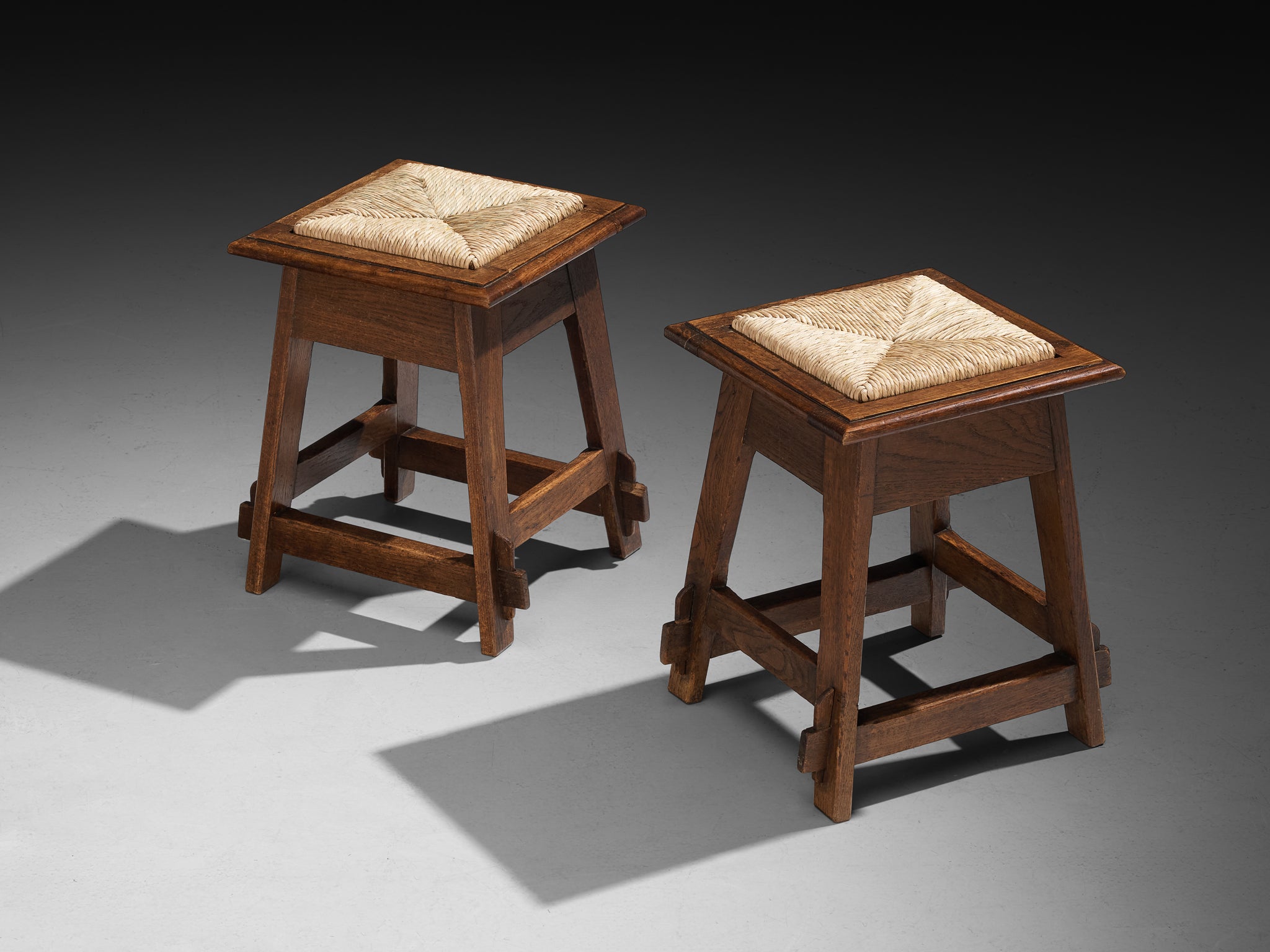 Rustic Pair of Dutch Stools in Oak and Rush Seating Morentz