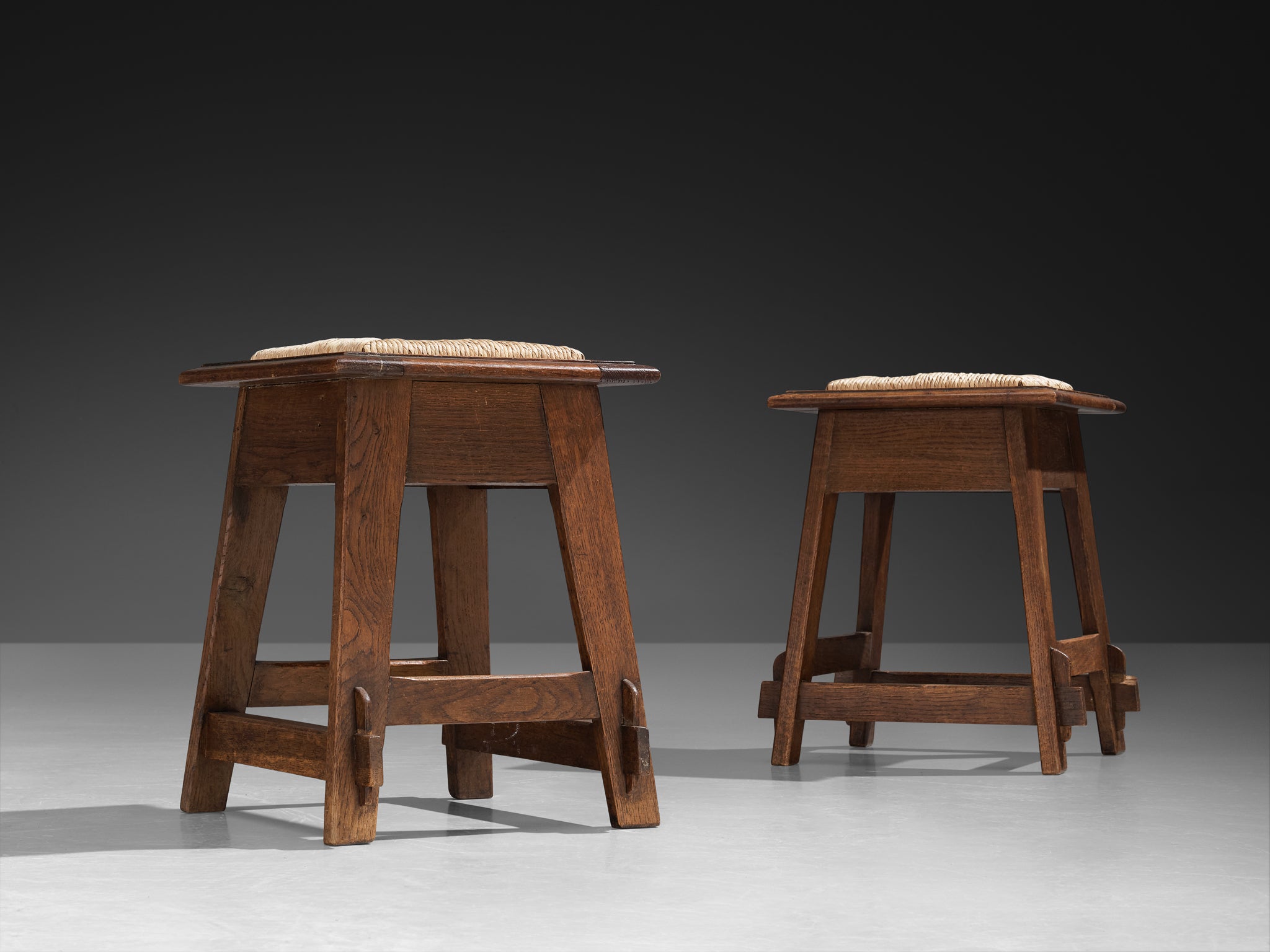 Rustic Pair of Dutch Stools in Oak and Rush Seating Morentz
