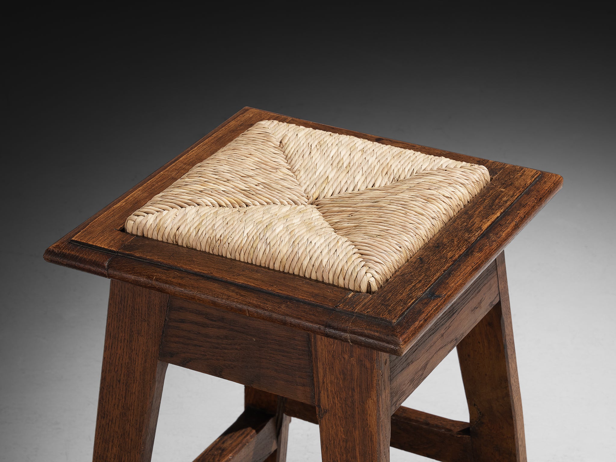 Rustic Pair of Dutch Stools in Oak and Rush Seating Morentz