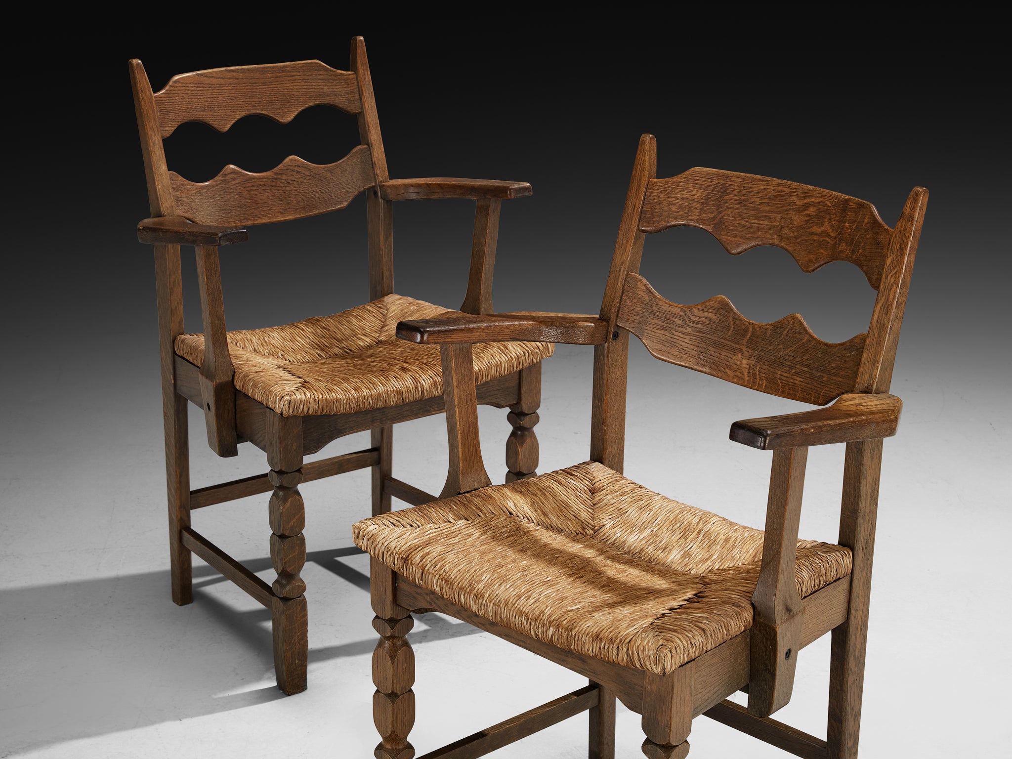 Set of Twelve Rustic Mid-Century Carved Armchairs in Oak and Straw Seating Morentz