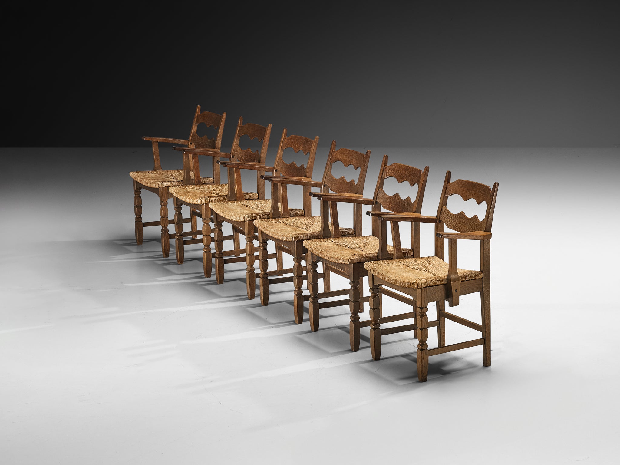 Set of Six Armchairs in Oak and Straw Seating Morentz