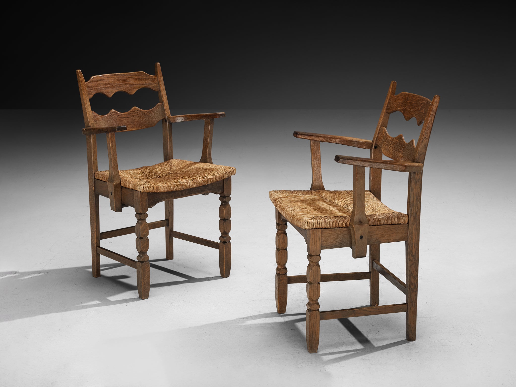 Set of Six Armchairs in Oak and Straw Seating Morentz