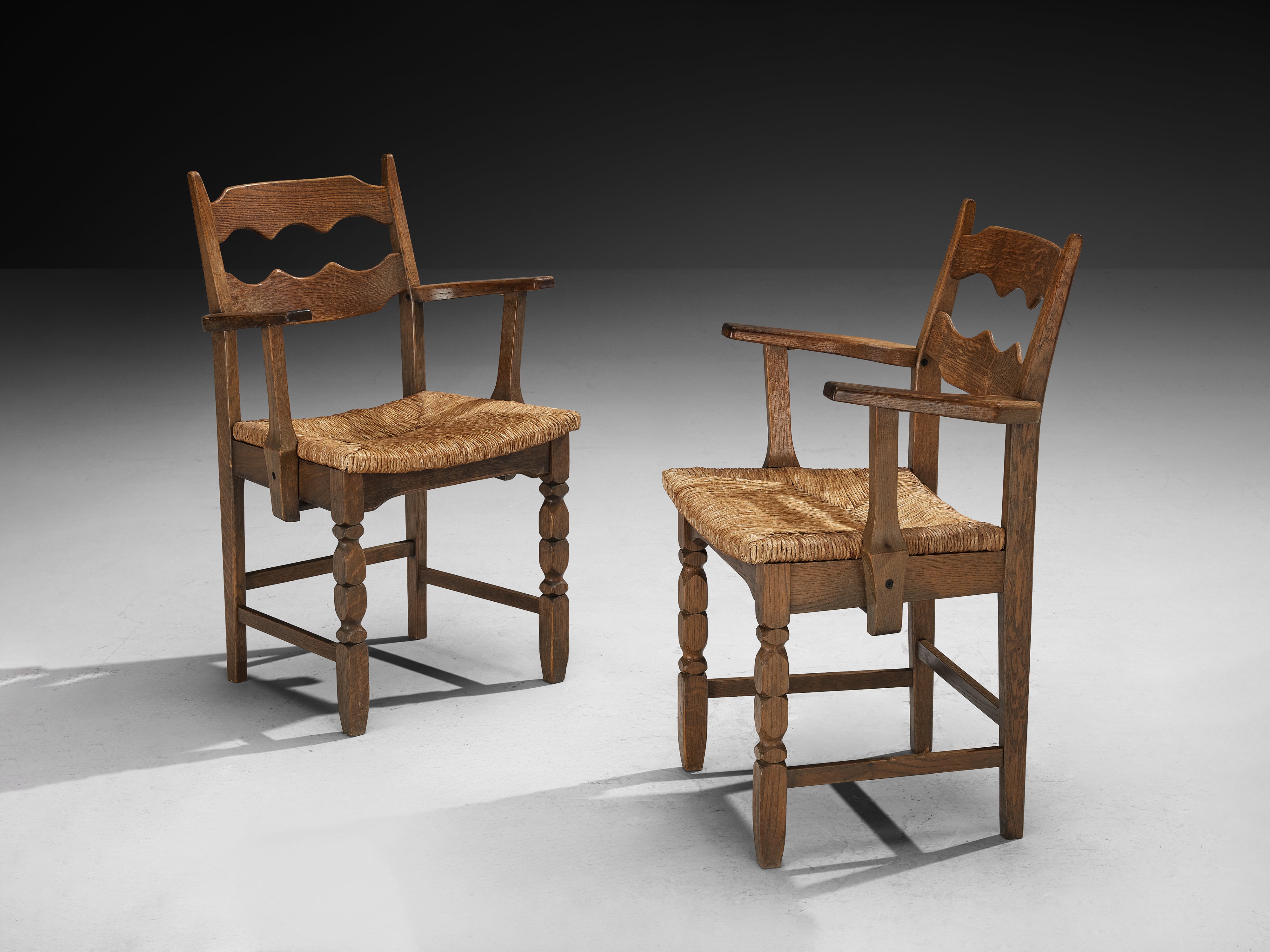 Set of Eight Armchairs in Oak and Straw Seating Morentz