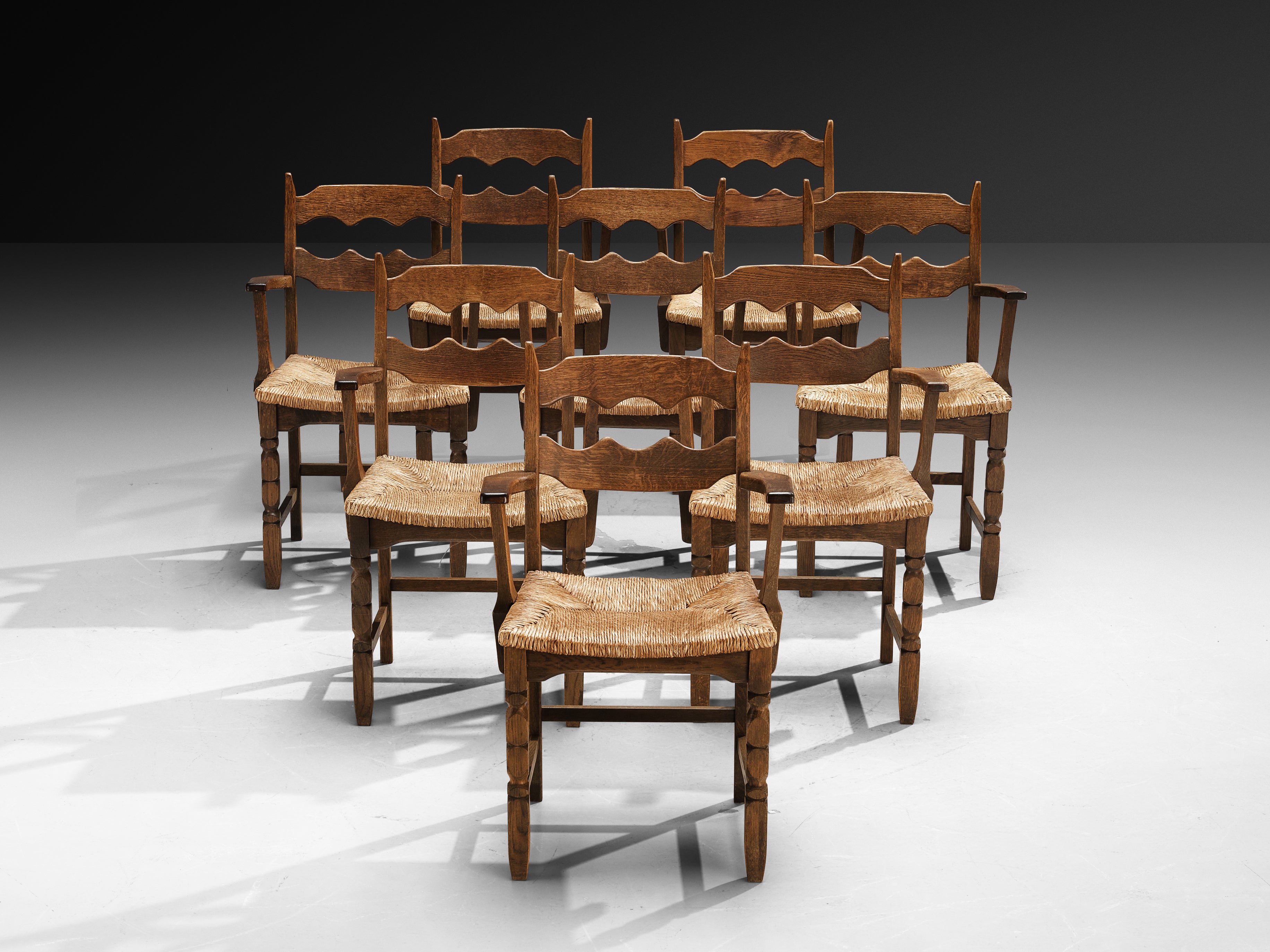 Set of Eight Armchairs in Oak and Straw Seating Morentz
