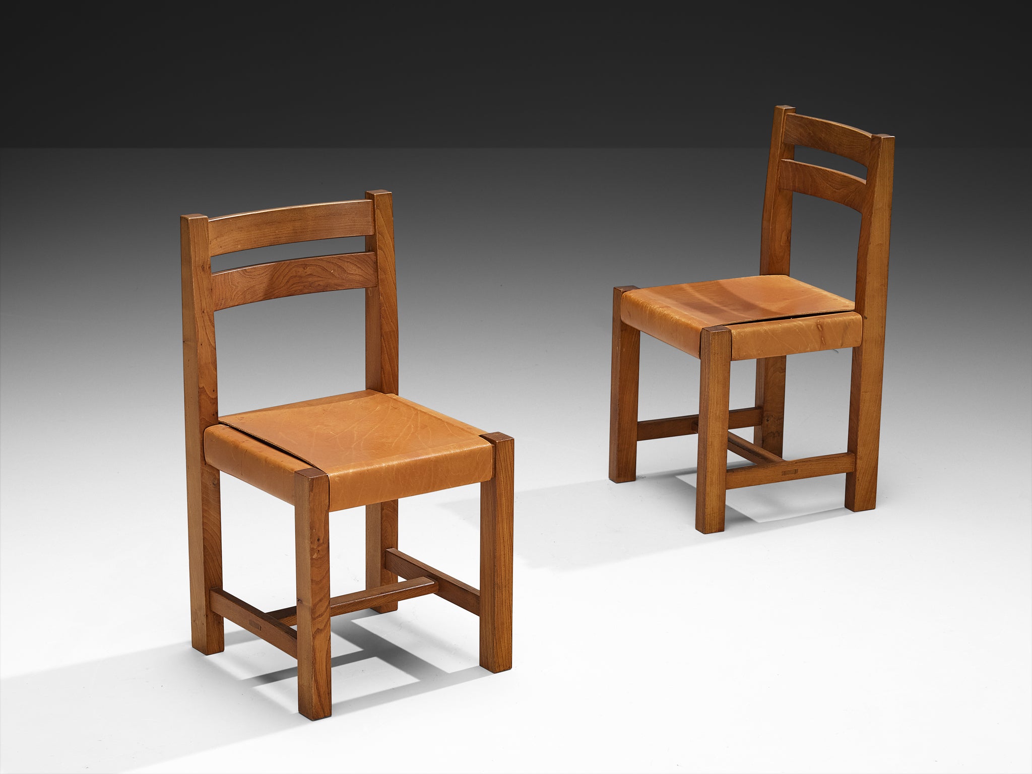 Atelier C. Demoyen Set of Eight Dining Chairs in Elm and Cognac Leather Seating Morentz