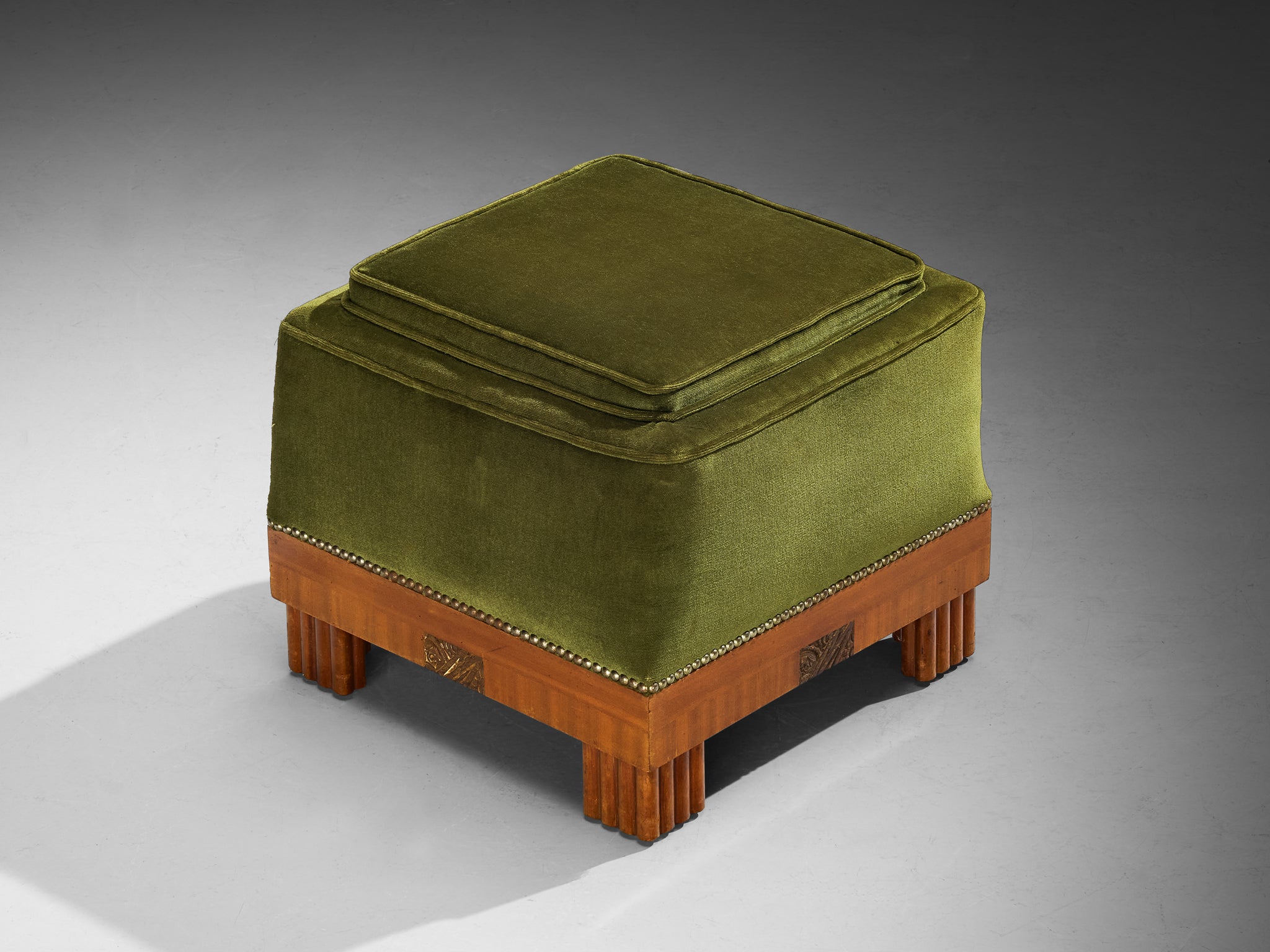 Art Deco Ottoman in Mahogany and Forest Green Velvet Seating Morentz