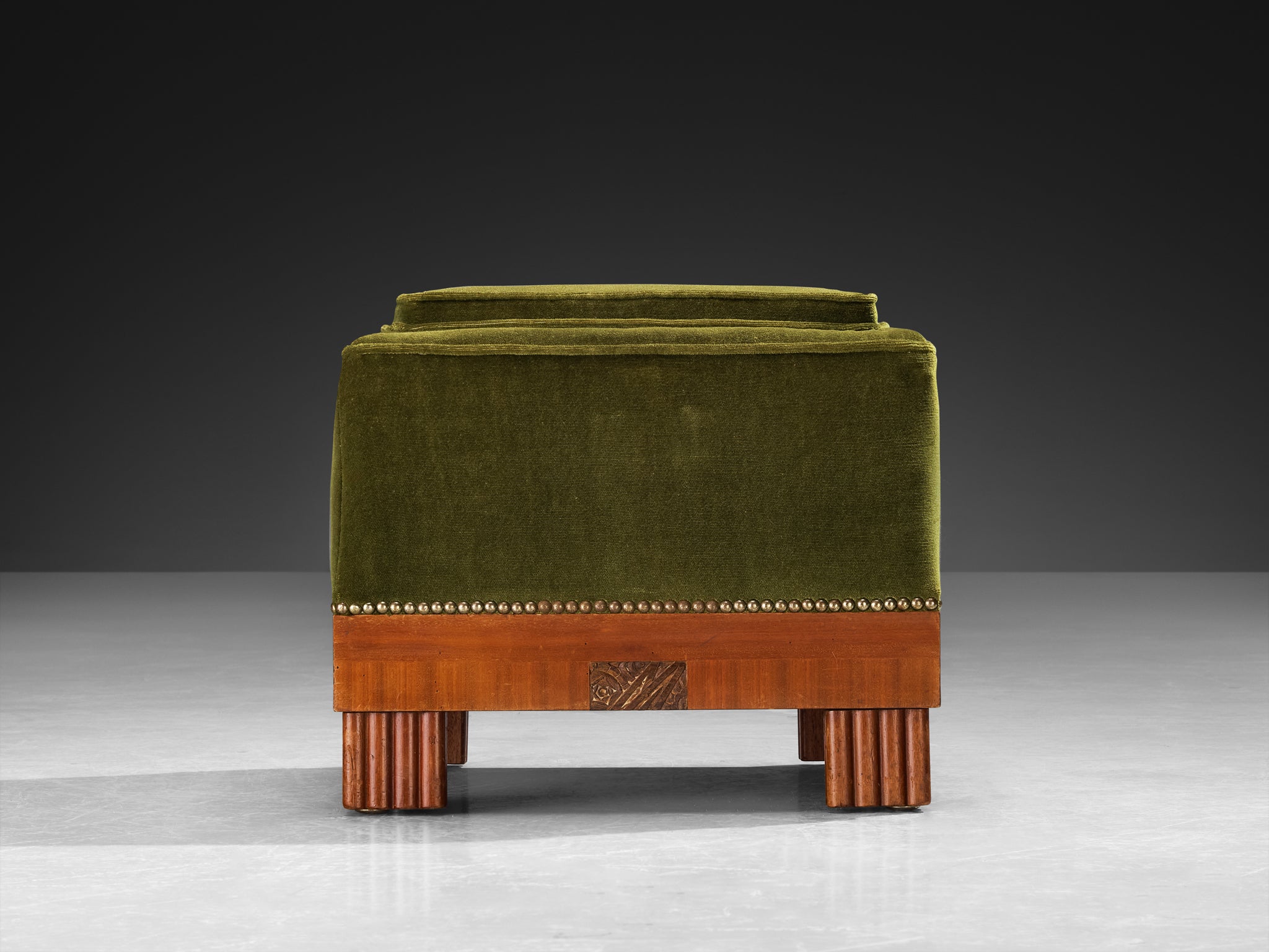 Art Deco Ottoman in Mahogany and Forest Green Velvet Seating Morentz