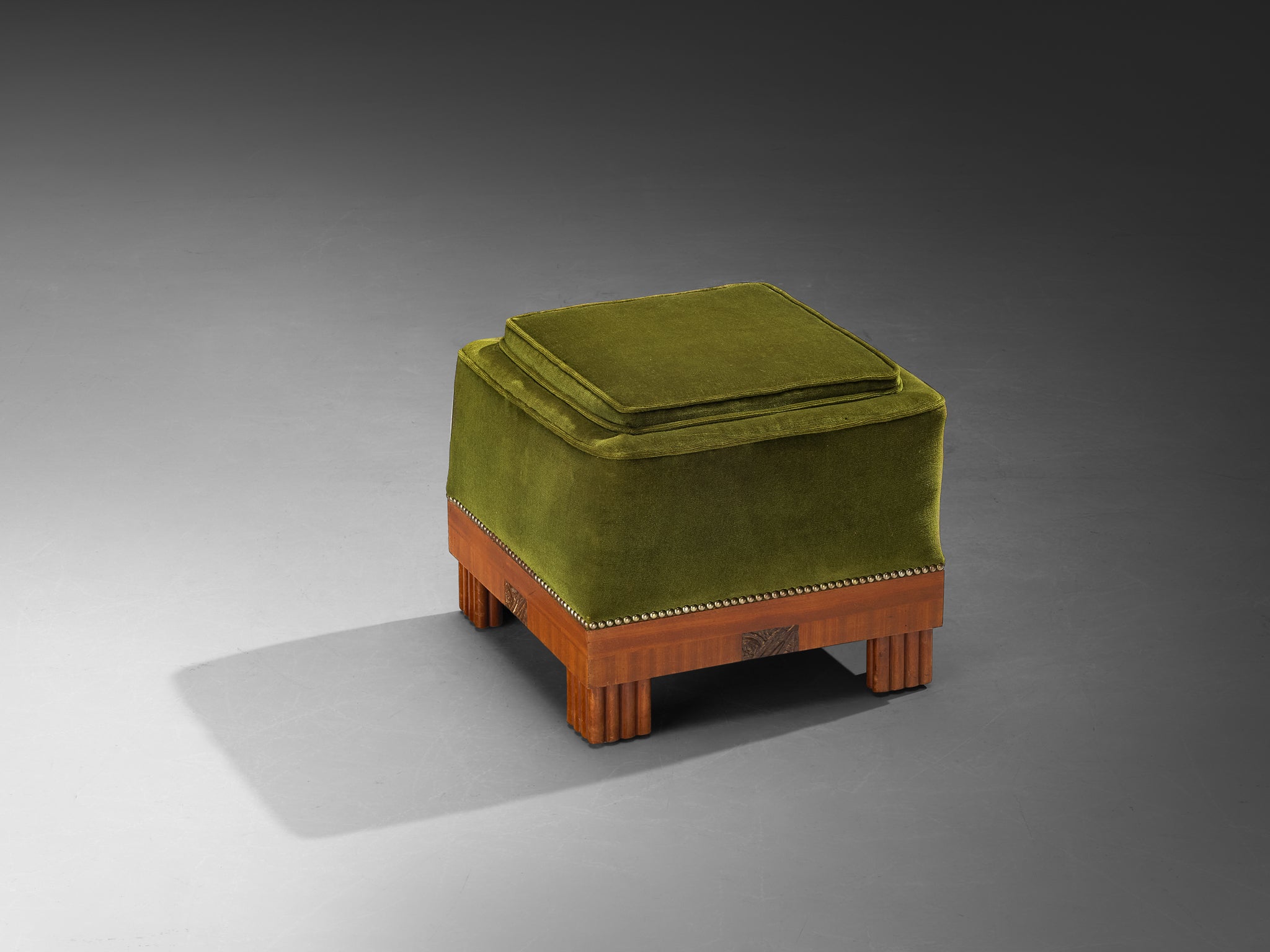 Art Deco Ottoman in Mahogany and Forest Green Velvet Seating Morentz