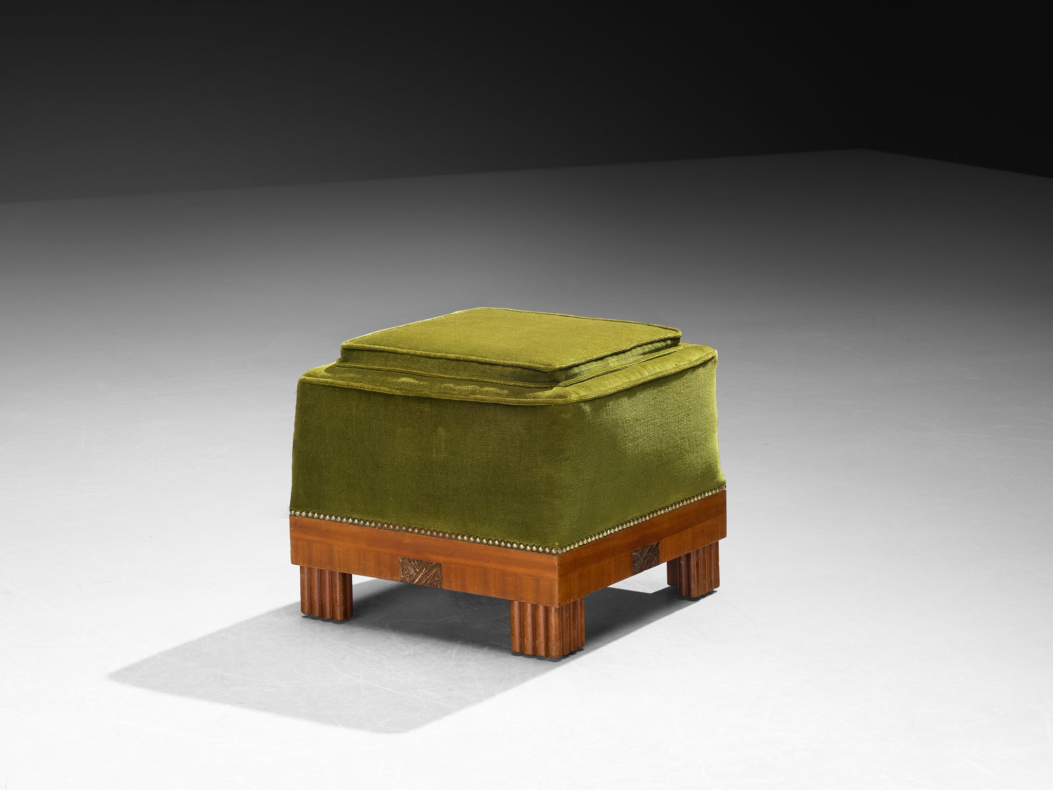 Art Deco Ottoman in Mahogany and Forest Green Velvet Seating Morentz
