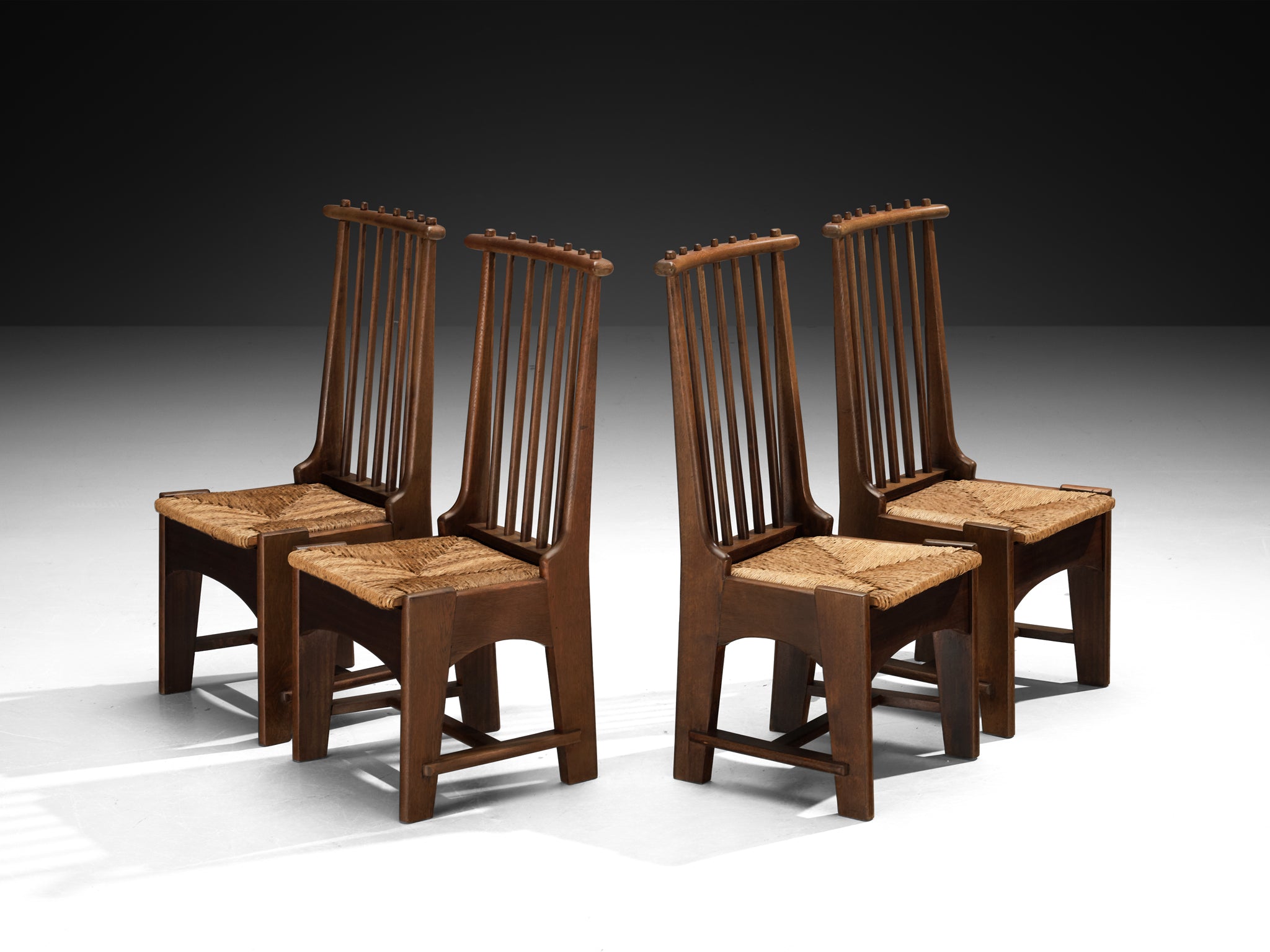Bas Van Pelt for My Home Set of Four Dining Chairs in Solid Oak and Rush Seating Morentz