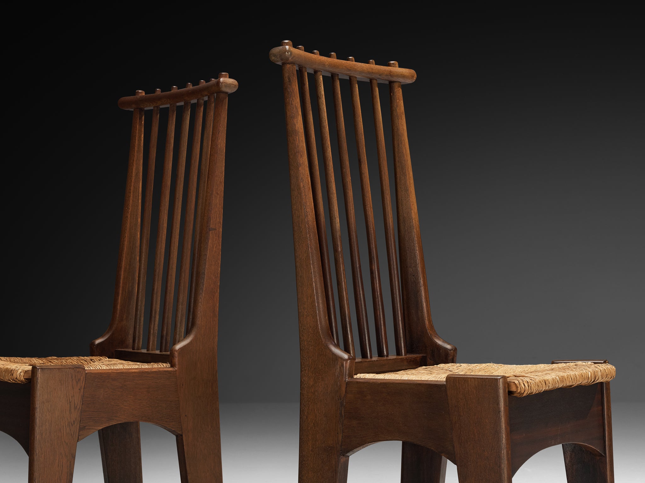 Bas Van Pelt for My Home Set of Four Dining Chairs in Solid Oak and Rush Seating Morentz