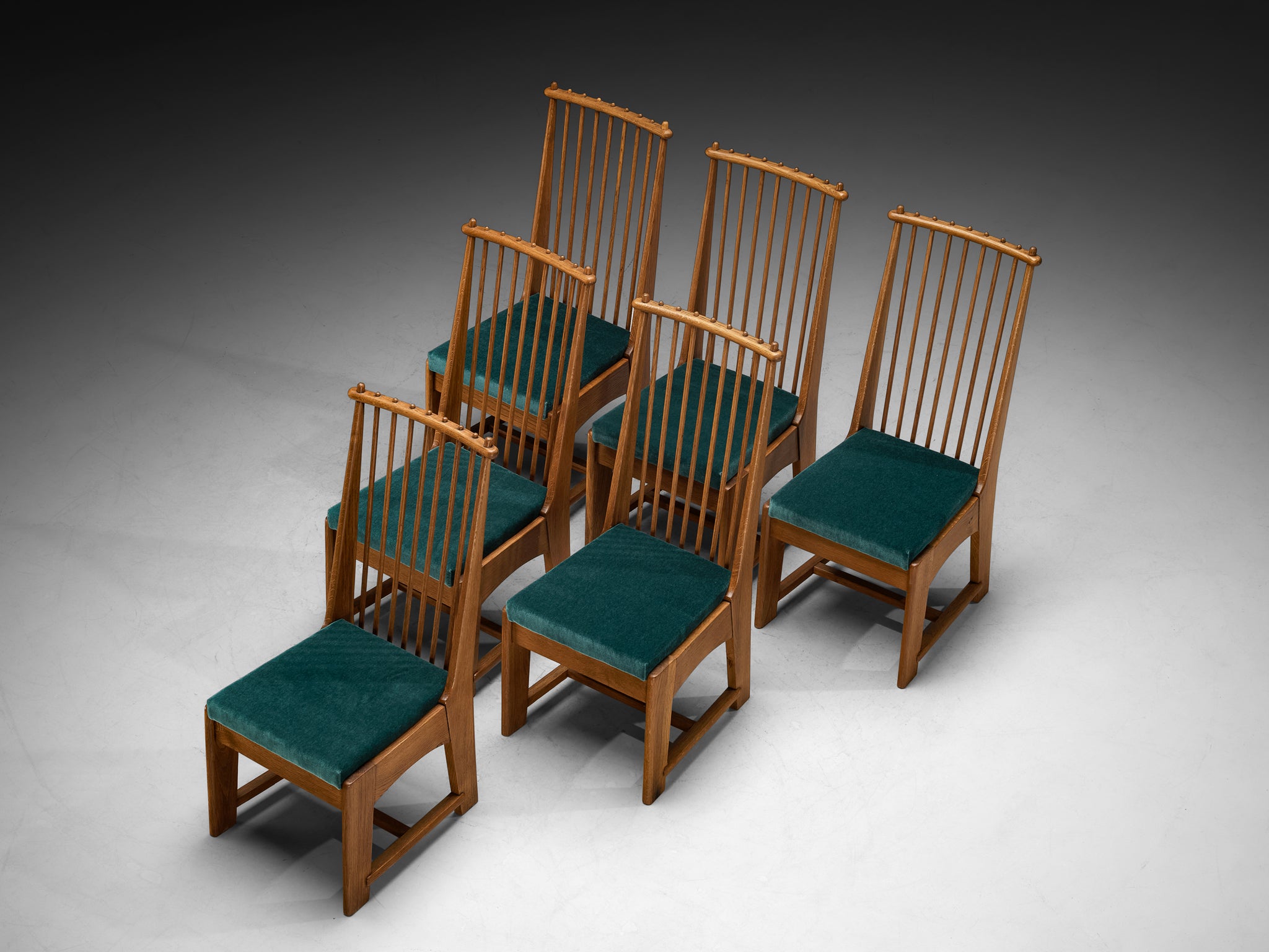 Bas Van Pelt for My Home Set of Six Dining Chairs in Solid Oak and Teal Velvet Seating Morentz