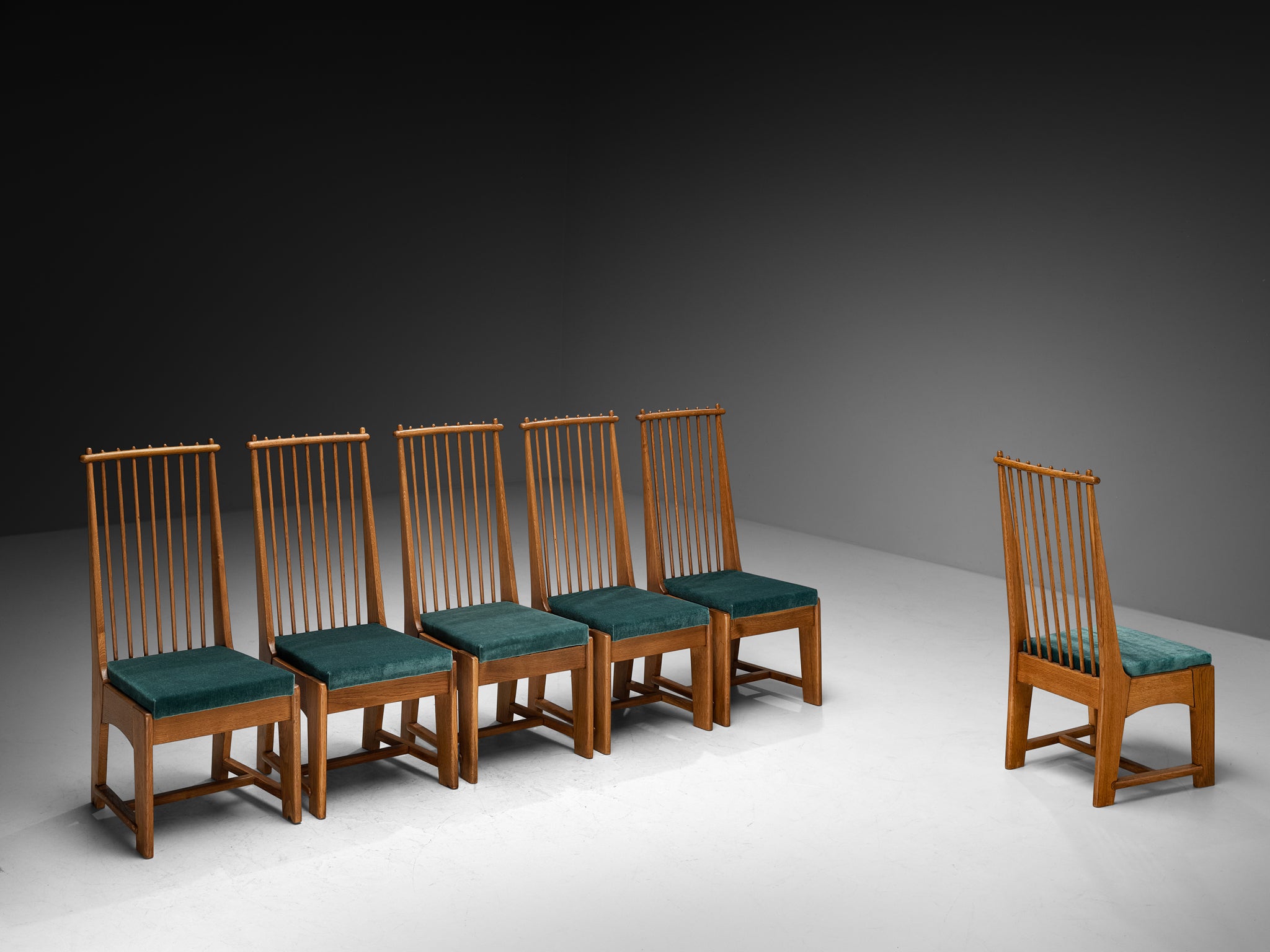 Bas Van Pelt for My Home Set of Six Dining Chairs in Solid Oak and Teal Velvet Seating Morentz