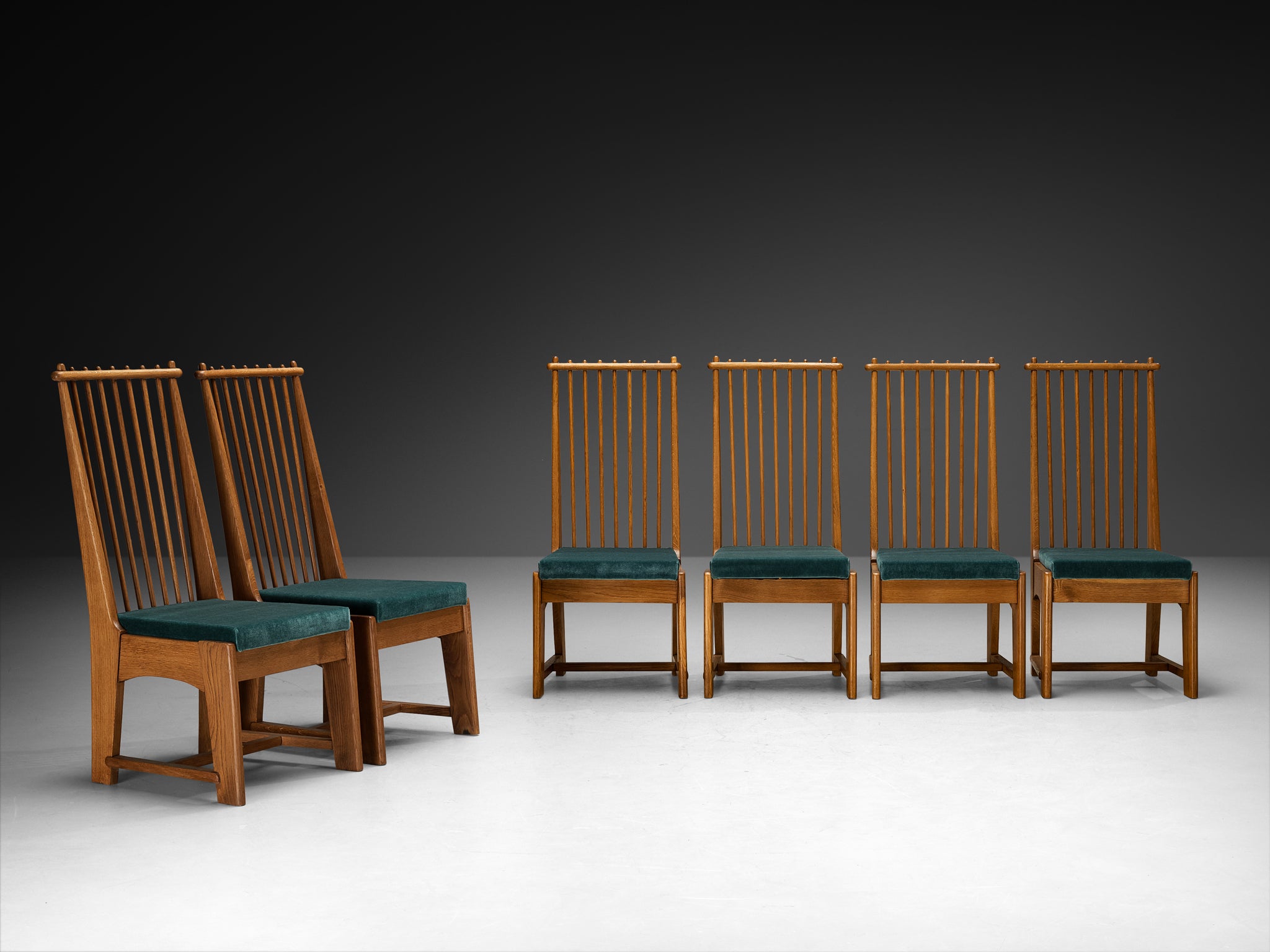 Bas Van Pelt for My Home Set of Six Dining Chairs in Solid Oak and Teal Velvet Seating Morentz