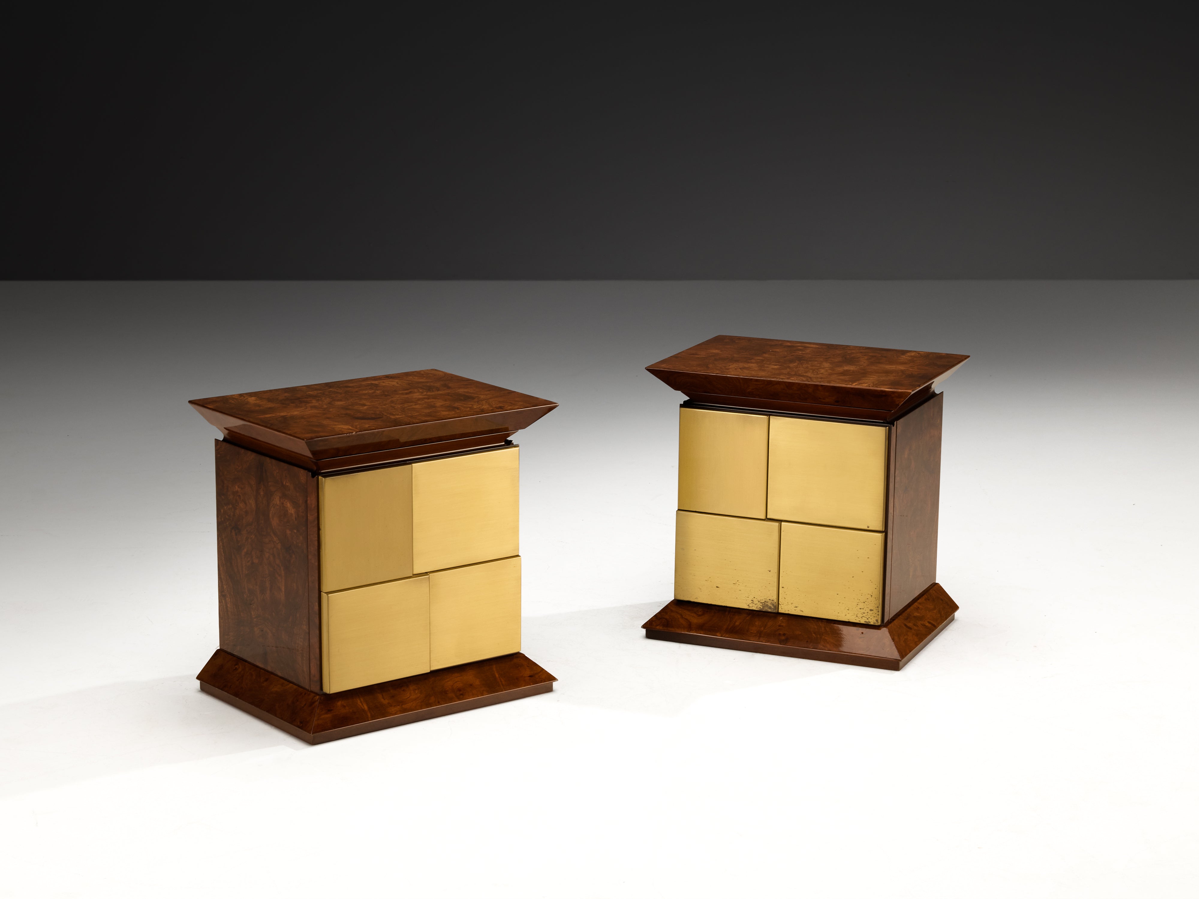 Luciano Frigerio Pair of Night Stands in Elm Burl and Brass More Furniture and Collectibles Morentz